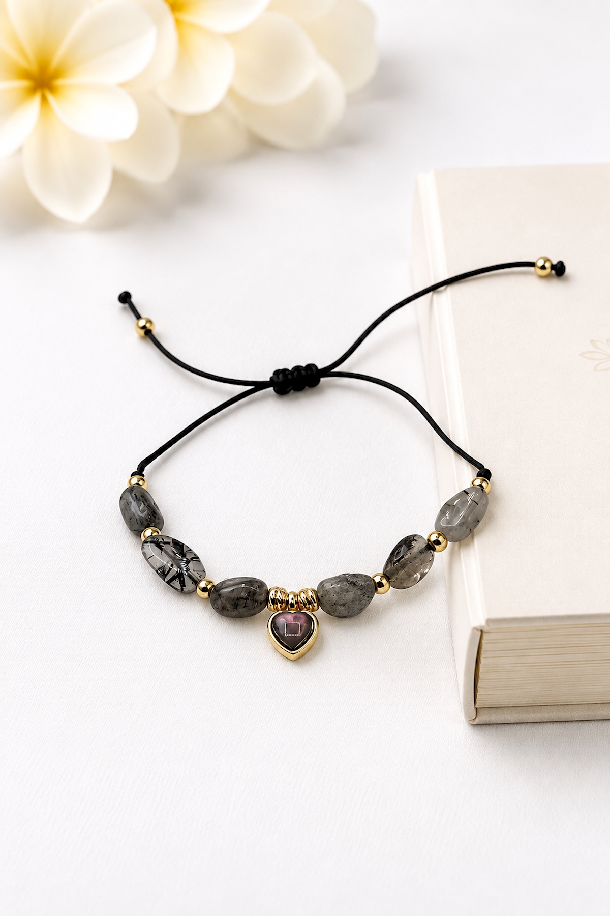 Rutilated Quartz Stone Tumbled Nugget Cut Black Heart Motif Macrame Bracelet