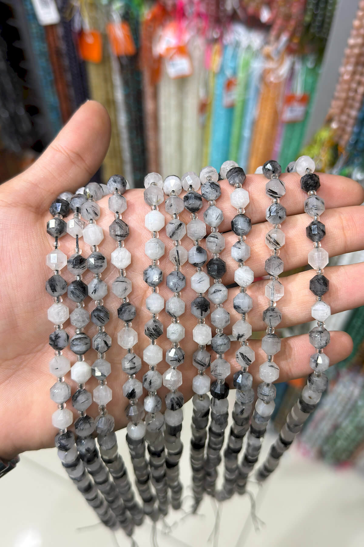 Rutilated Quartz Stone Hexagonal-Cut Shiny Black 8mm Bead Strand [AA]
