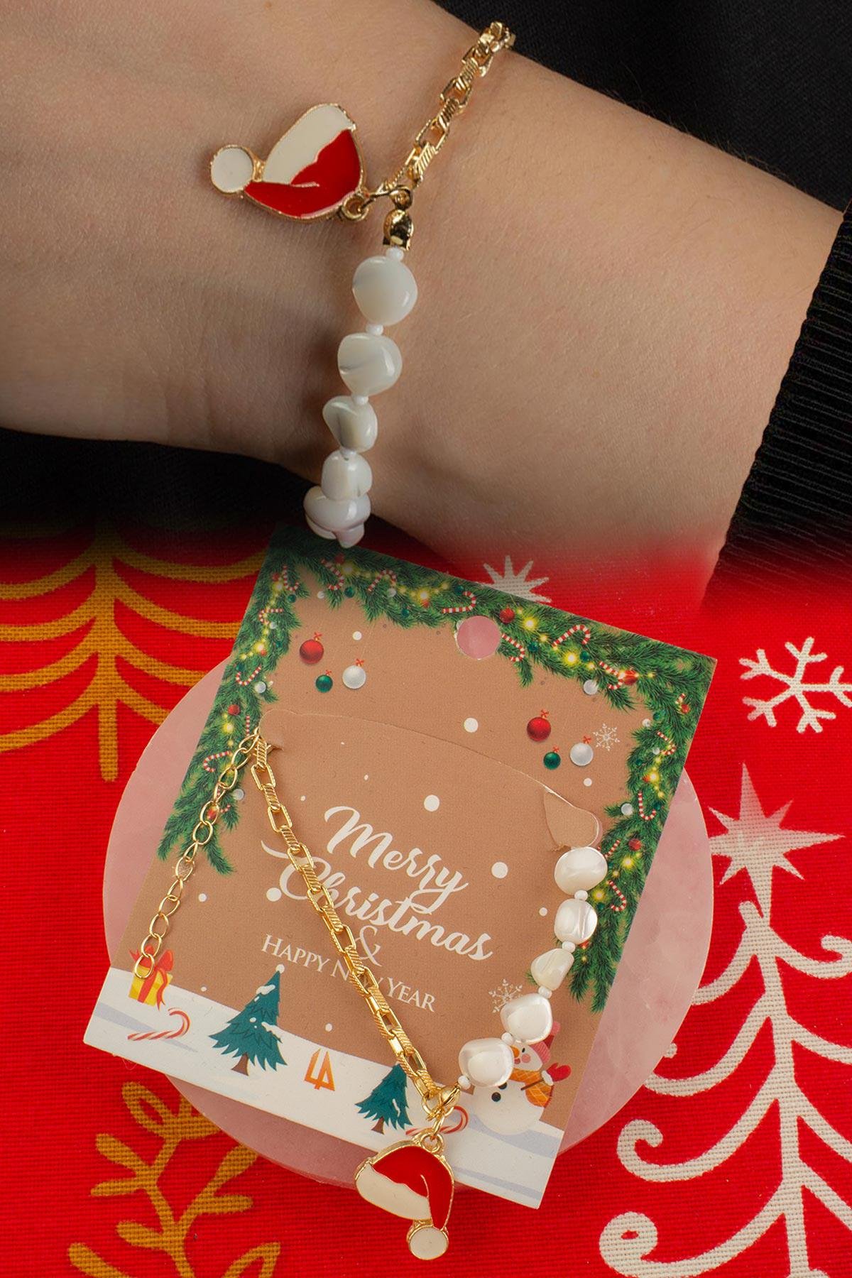 Sedef Doğal Taş Tamburlanmış Kesim Zincir Kapamalı Yılbaşı Bileklik