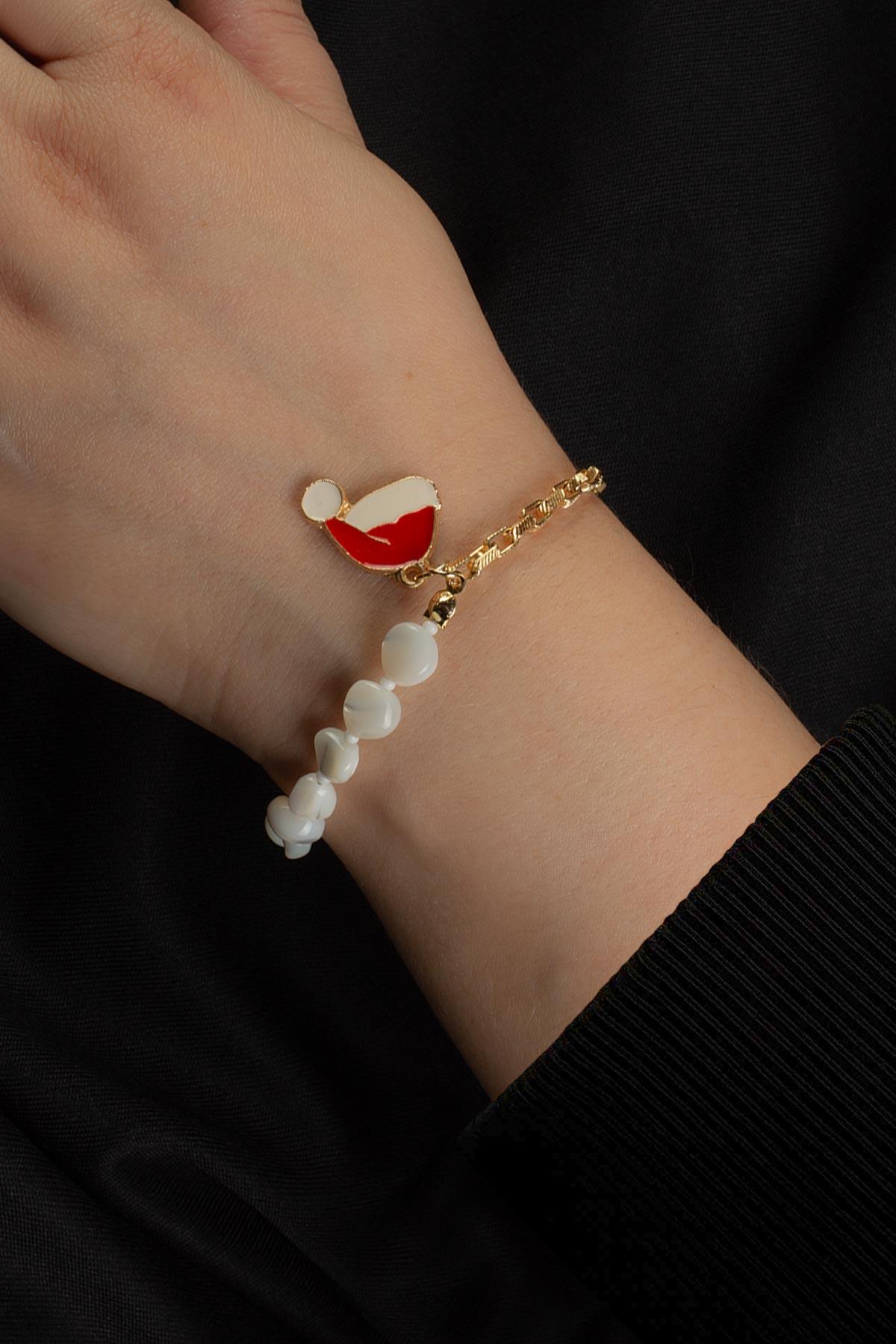 Sedef Doğal Taş Tamburlanmış Kesim Zincir Kapamalı Yılbaşı Bileklik