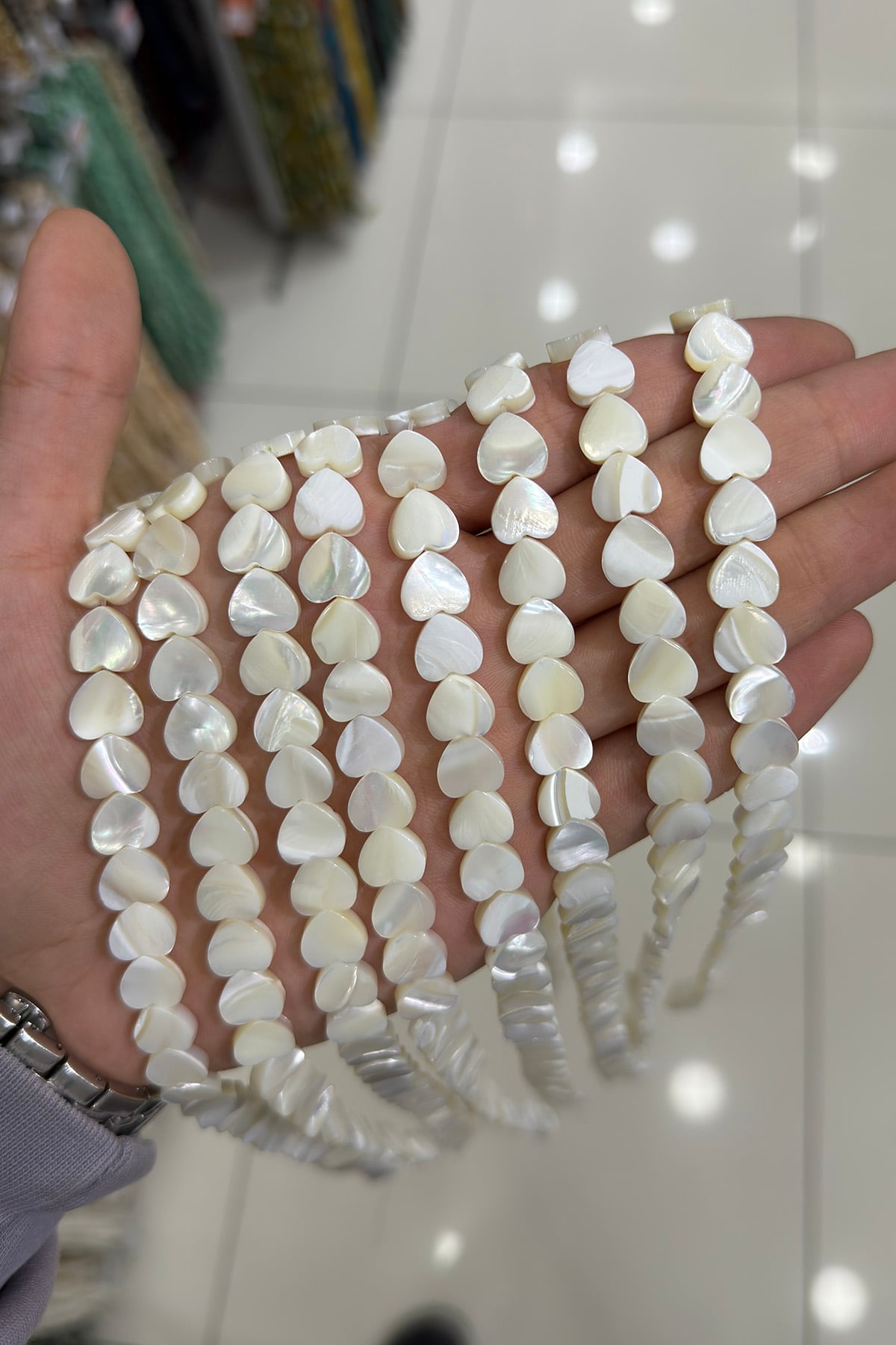 Sedef Taşı Kalp Kesim Parlak Beyaz 10x3mm Doğal Taş Dizi [AA]