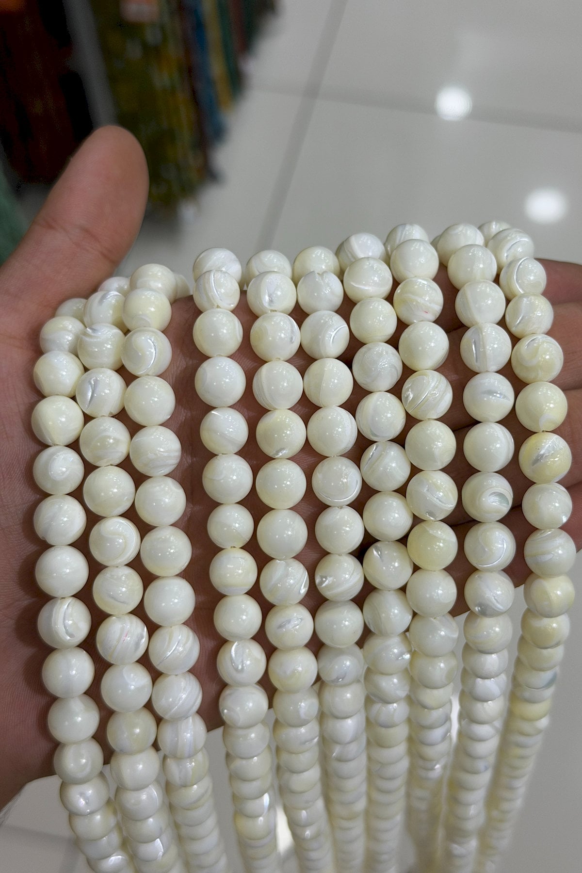 Sedef Doğal Taş Parlak Beyaz Küre Kesim 10mm Dizi Aa