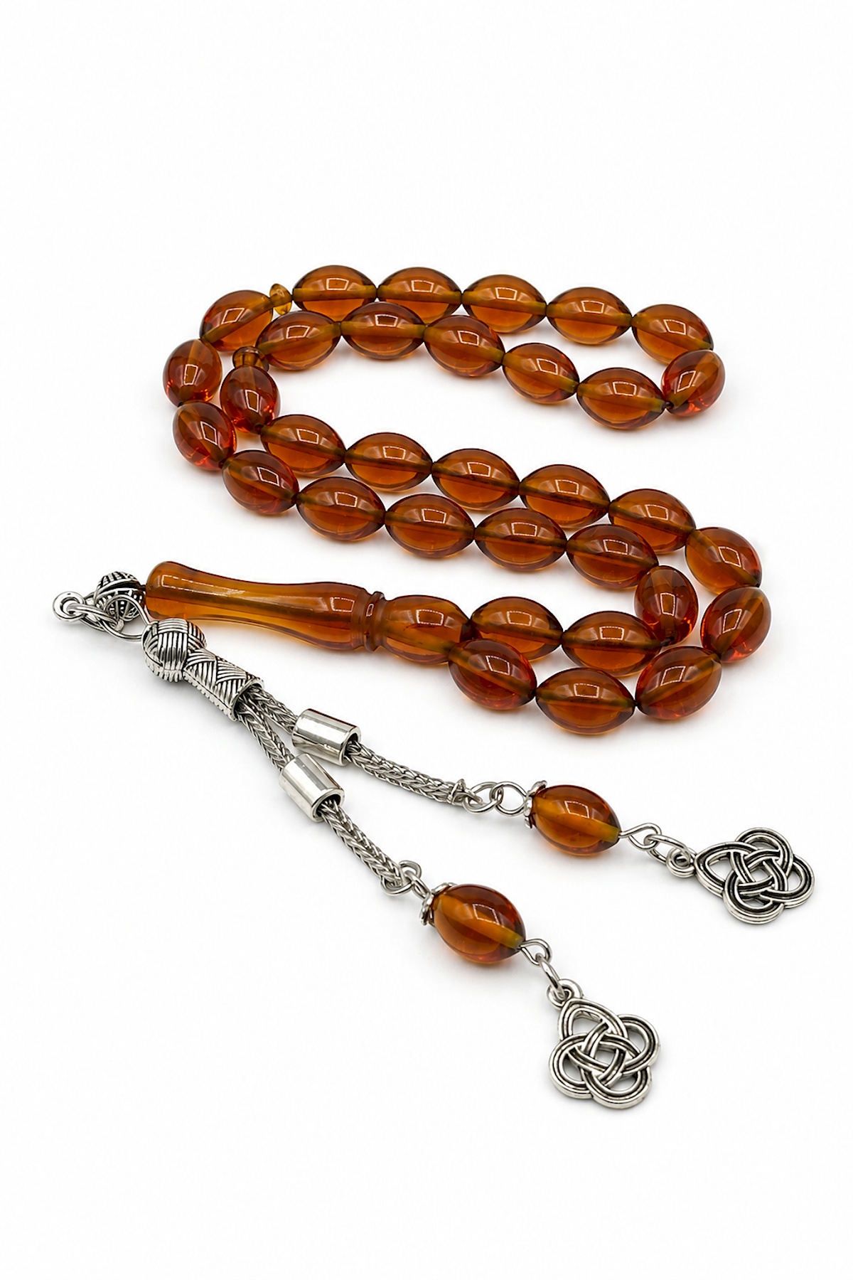 Pressed Fire Amber Rice-Cut 33-Bead Prayer Beads
