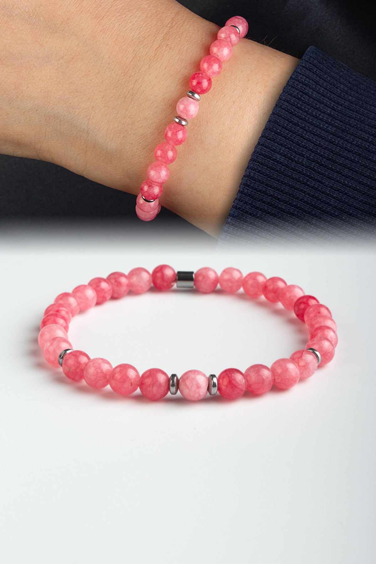Sıkma Doğal Taş Açık Pembe Küre Kesim 6mm Bileklik