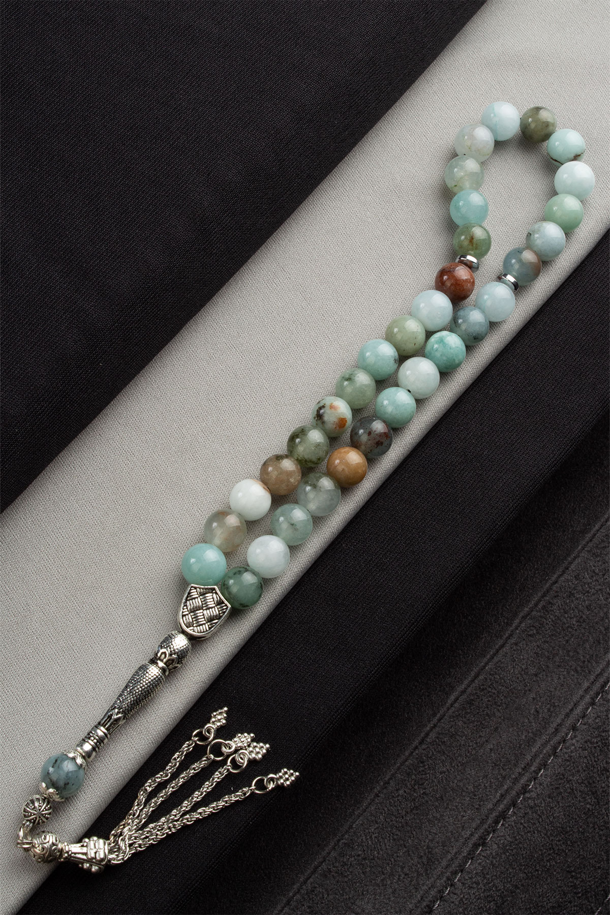 Sıkma Doğal Taş Küre Kesim Su Yeşili Bej 33 lü 10mm Tesbih