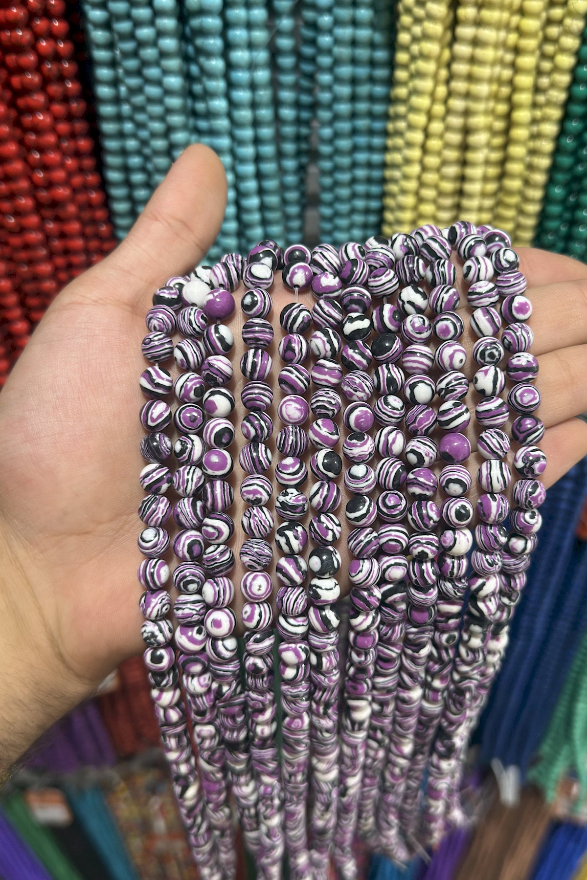 Squeezing Malachite Shiny Purple White Globe Cut 8mm String Of Beads