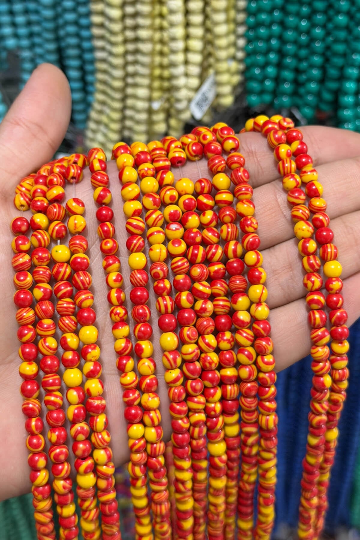 Squeezing Malachite Natural Stone Shiny Yellow Red Globe Cut 6mm String Of Beads