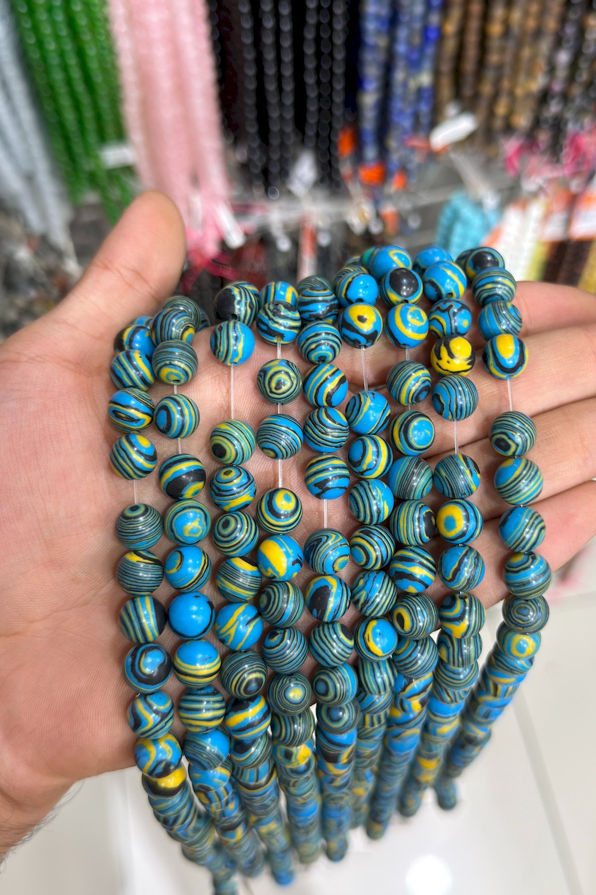 Sıkma Malakit Doğal Taş Sarı Mavi Küre Kesim 10mm Dizi [B+]