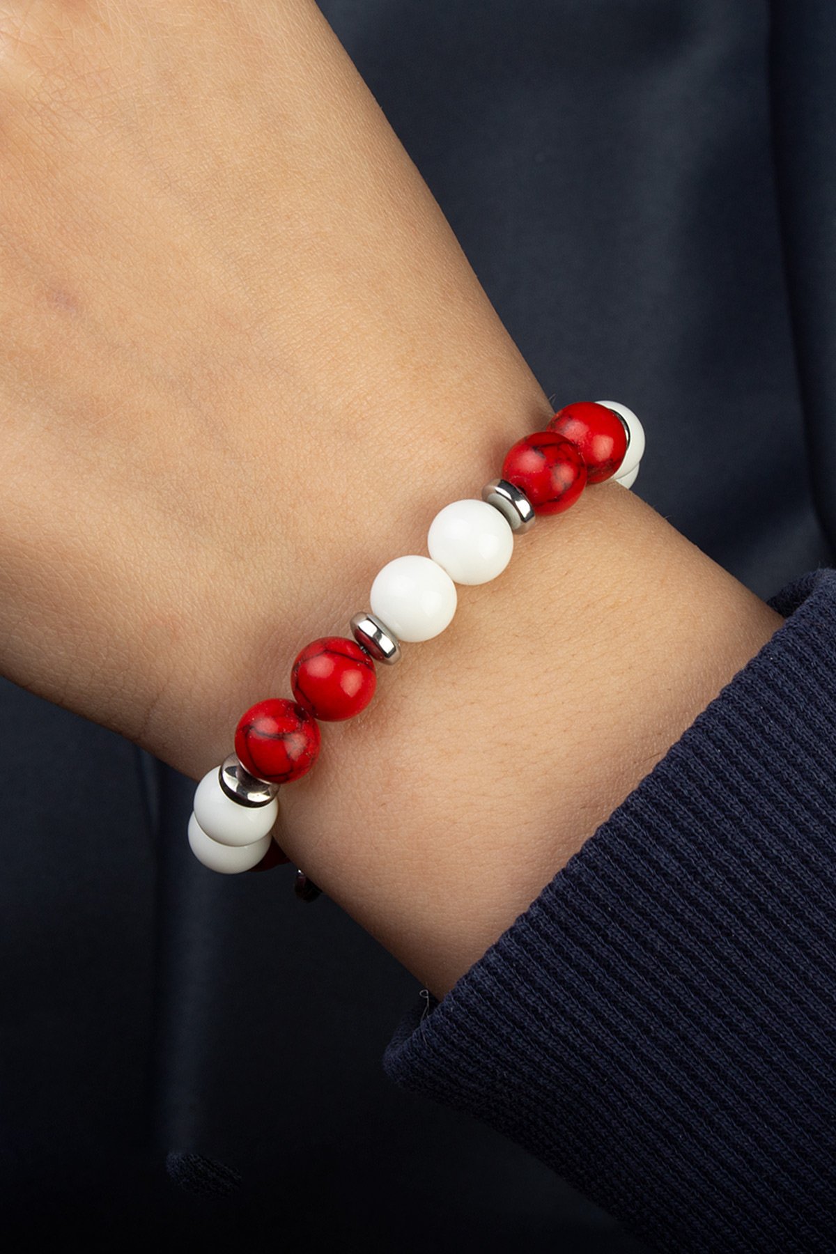 Sıkma Mercan Cam Kırmızı Beyaz Doğal Taş Türkiye Taraftar Bilekliği