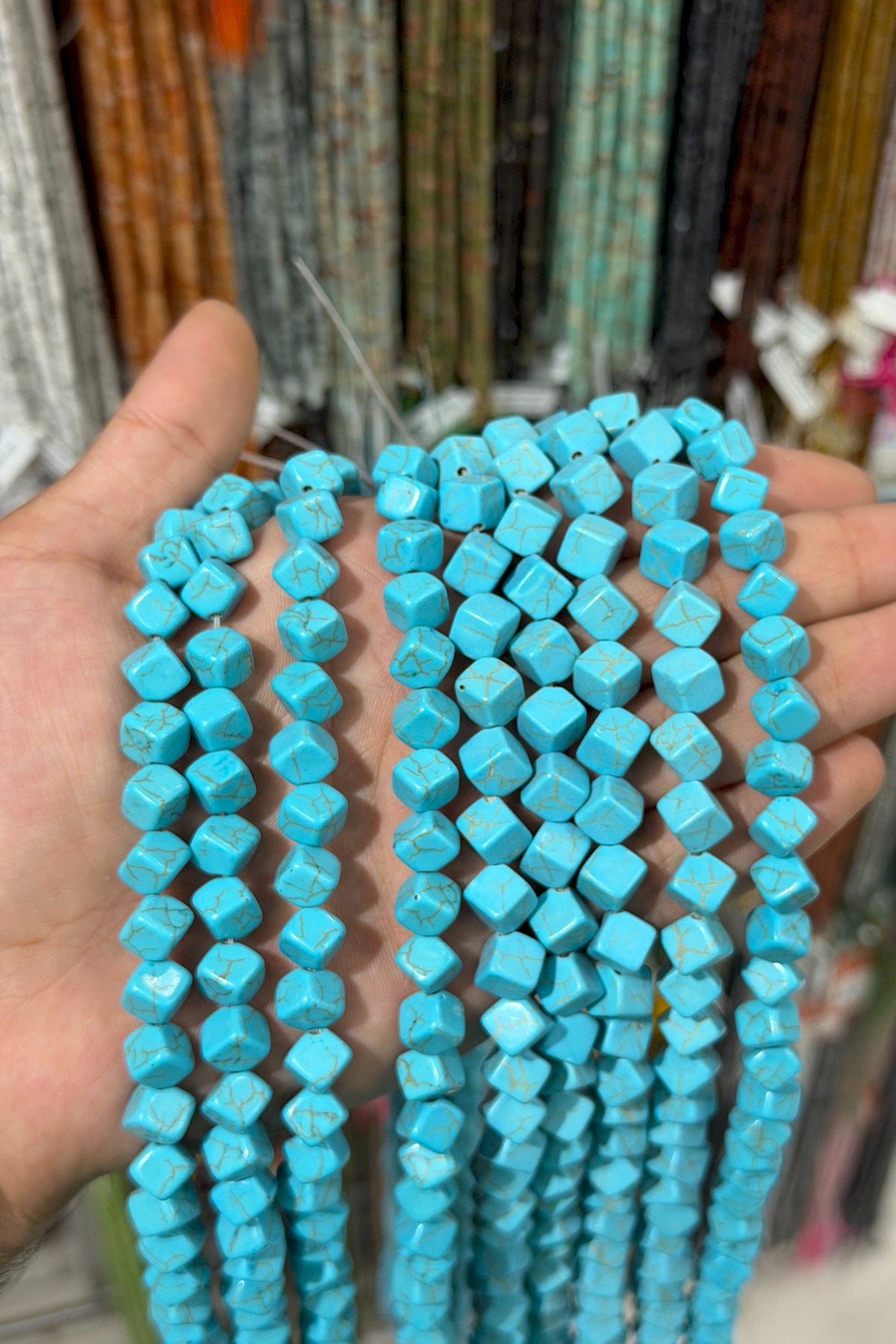 Turquoise Squeezing Natural Stone Blue Cube Cut 8x8mm String Of Beads