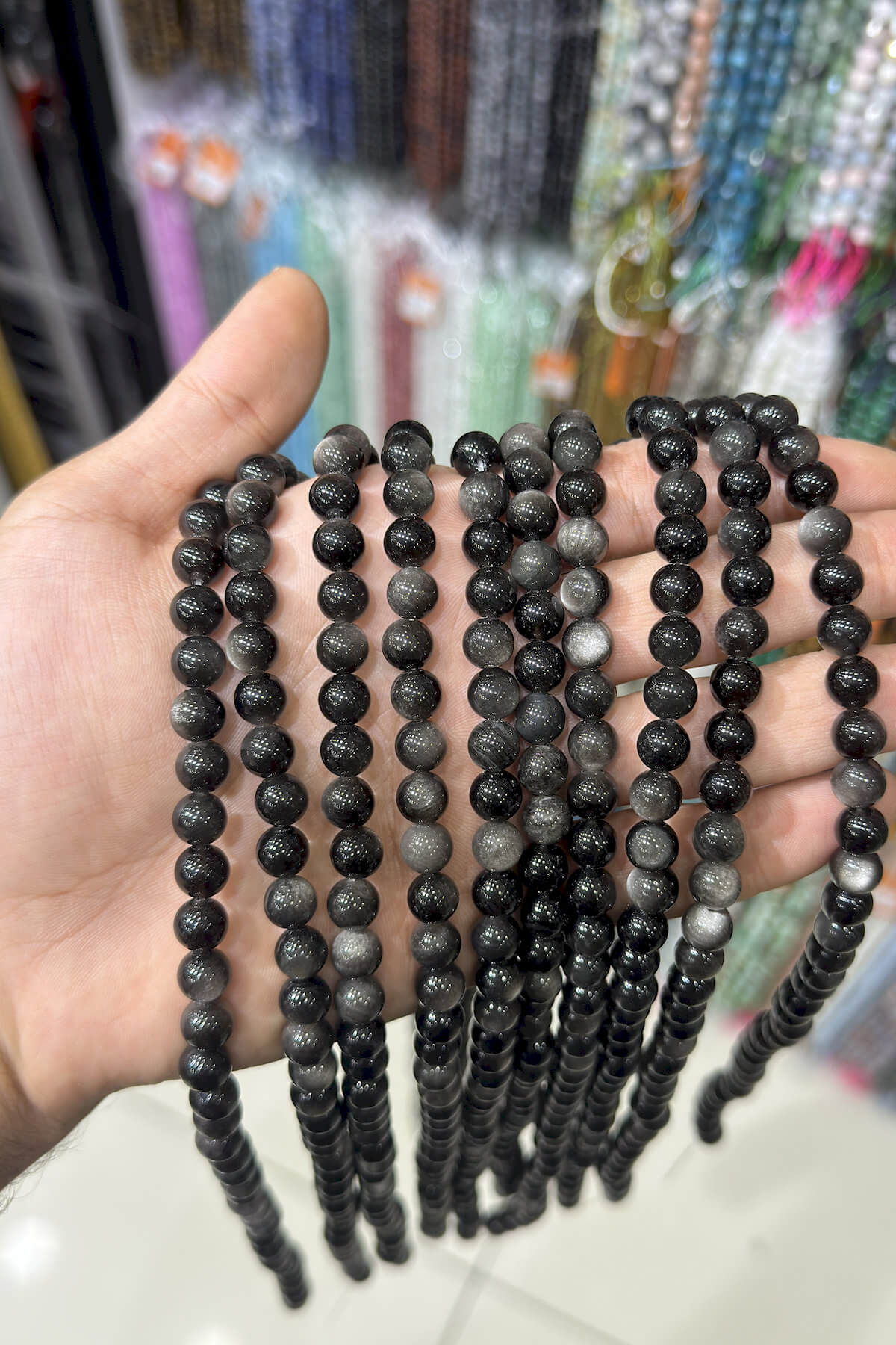 Silver Obsidyen Taşı Küre Kesim Parlak Siyah 8mm Doğal Taş Dizi [AA]