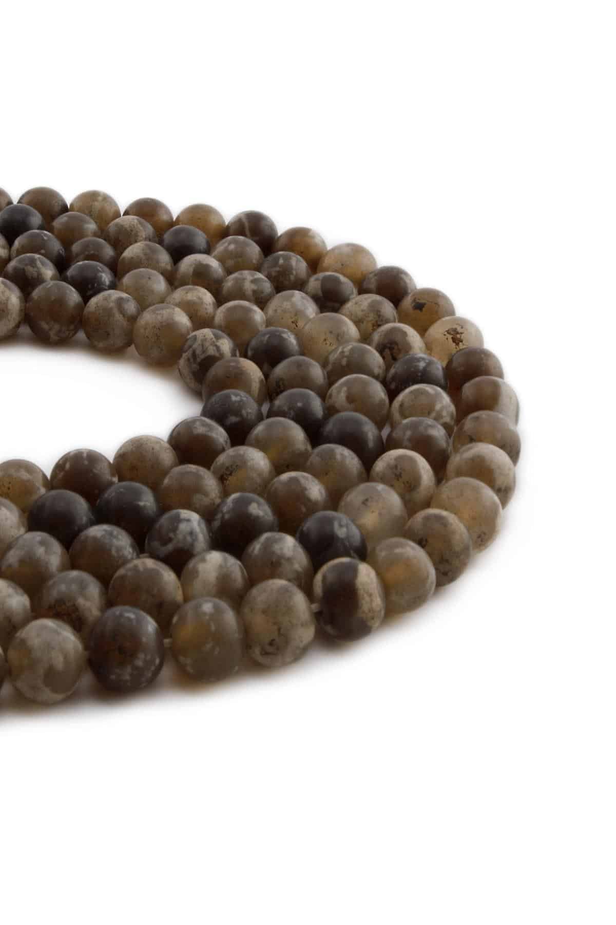 Tibetan Agate Natural Stone Matte Brown-White Globe Cut 8mm String Of Beads