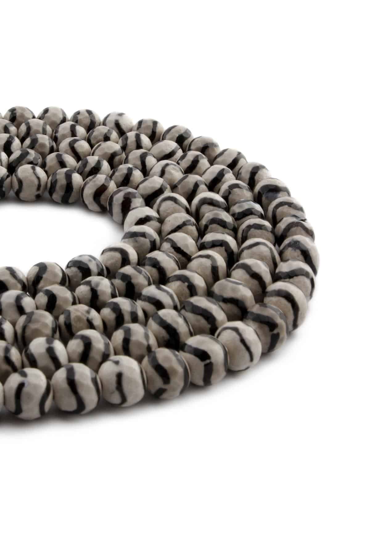 Tibetan Agate Natural Stone Shiny White Black Facet Cut 8mm String Of Beads