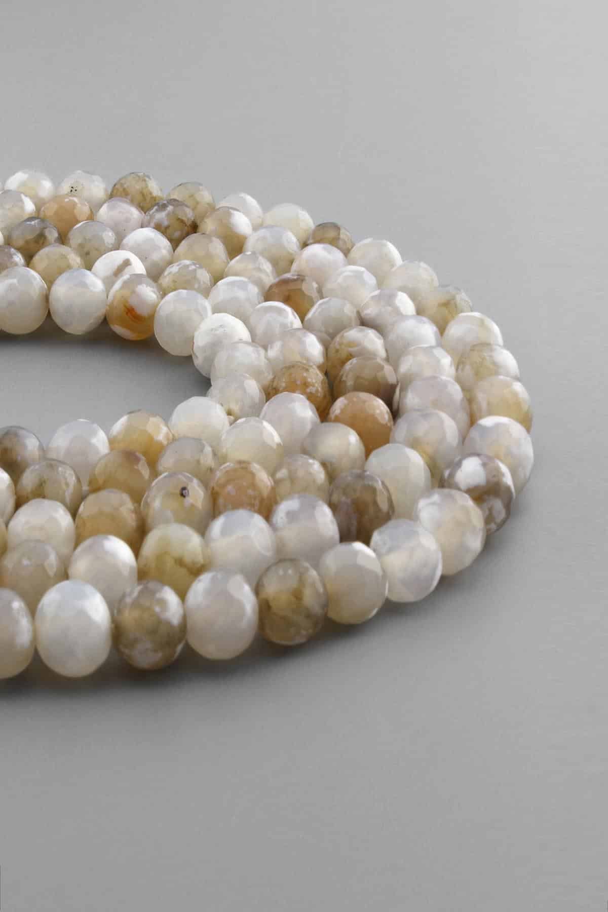 Tibetan Agate Natural Stone Shiny Cream Facet Cut 8mm String Of Beads
