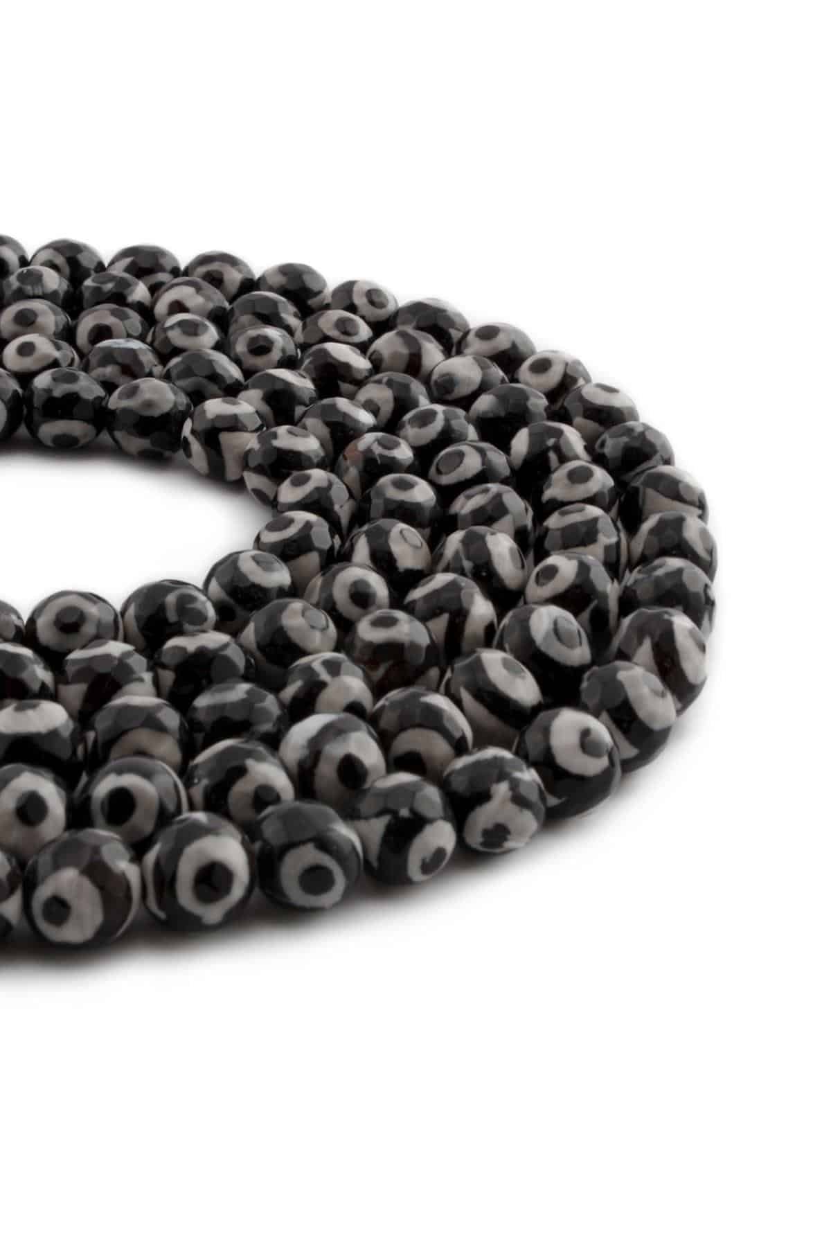 Tibetan Agate Natural Stone Shiny Black Facet Cut 8mm String Of Beads