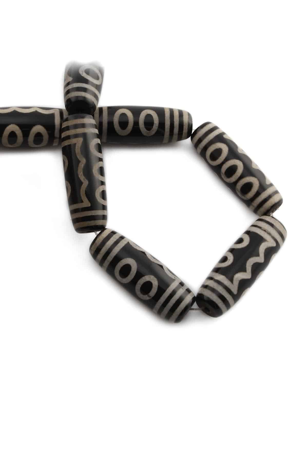 Tibetan Agate Natural Stone Shiny Black Cylinder Cut 14x40mm String Of Beads
