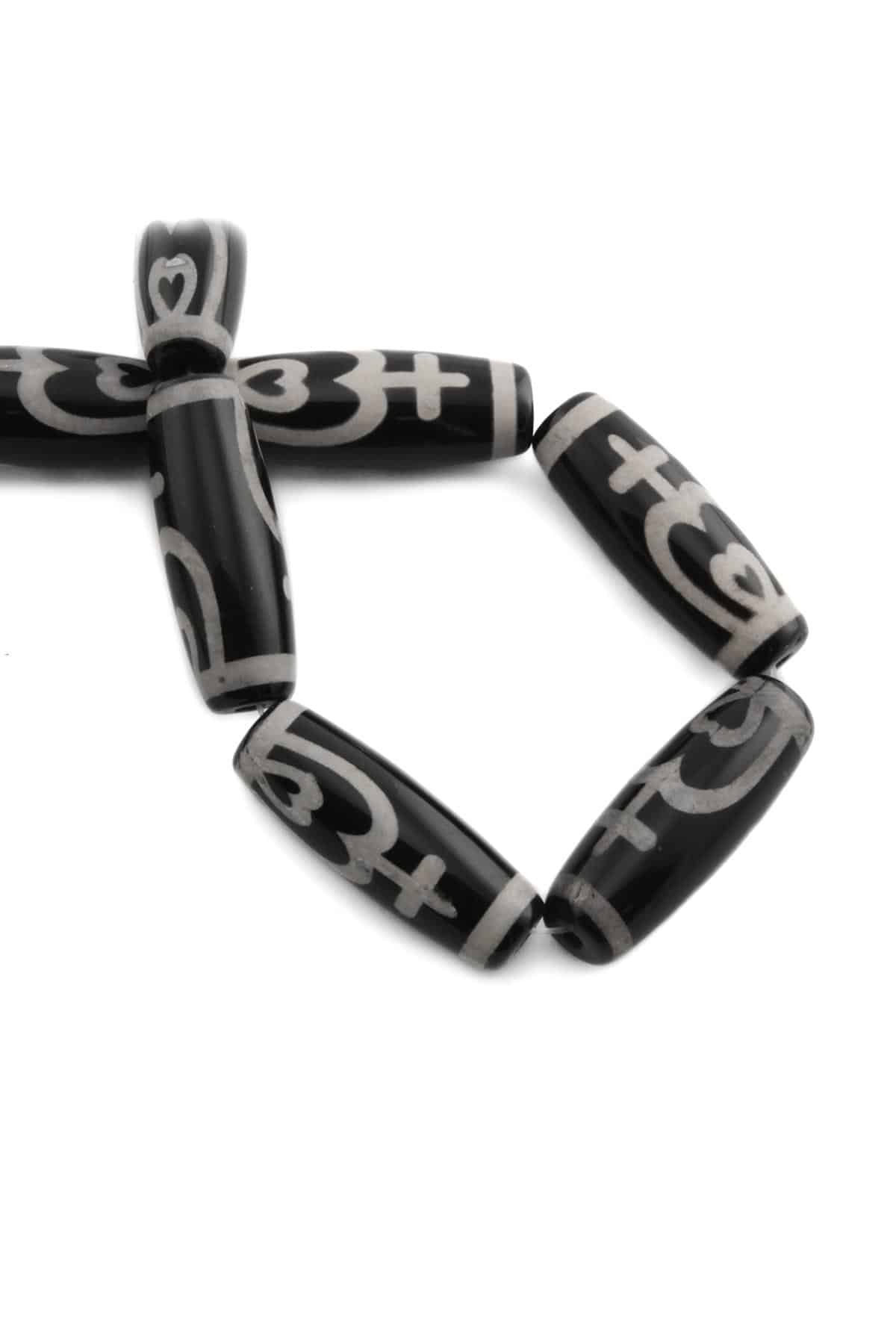 Tibetan Agate Natural Stone Shiny Black Cylinder Cut 14x40mm String Of Beads