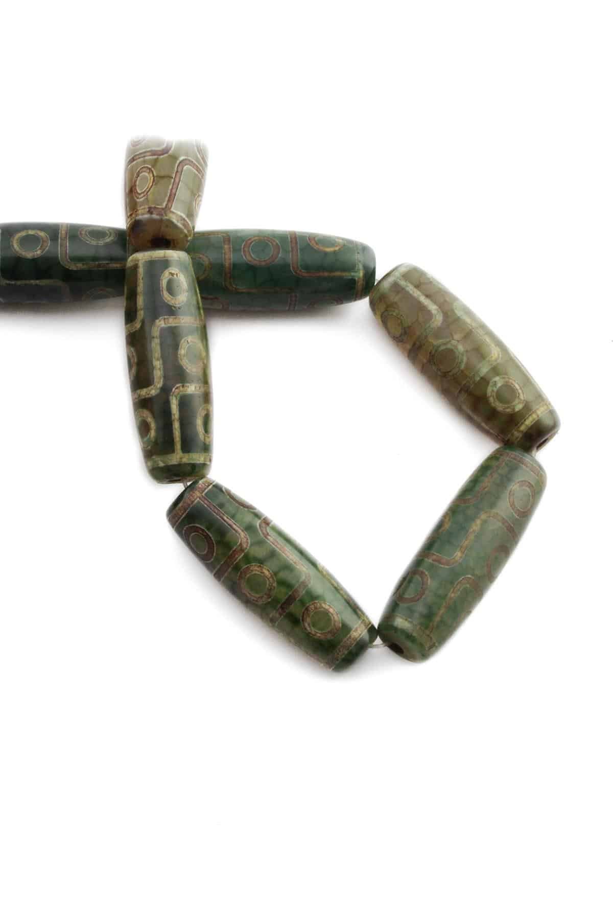 Tibetan Agate Natural Stone Shiny Green Cylinder Cut 14x40mm String Of Beads