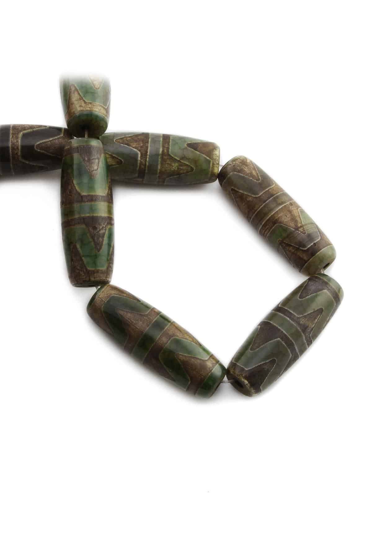 Tibetan Agate Natural Stone Shiny Green Cylinder Cut 14x40mm String Of Beads