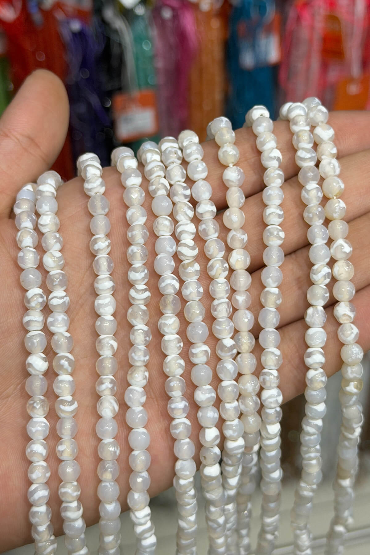 Tibetan Agate Natural Stone Shiny White Globe Facet Cut 6mm String Of Beads