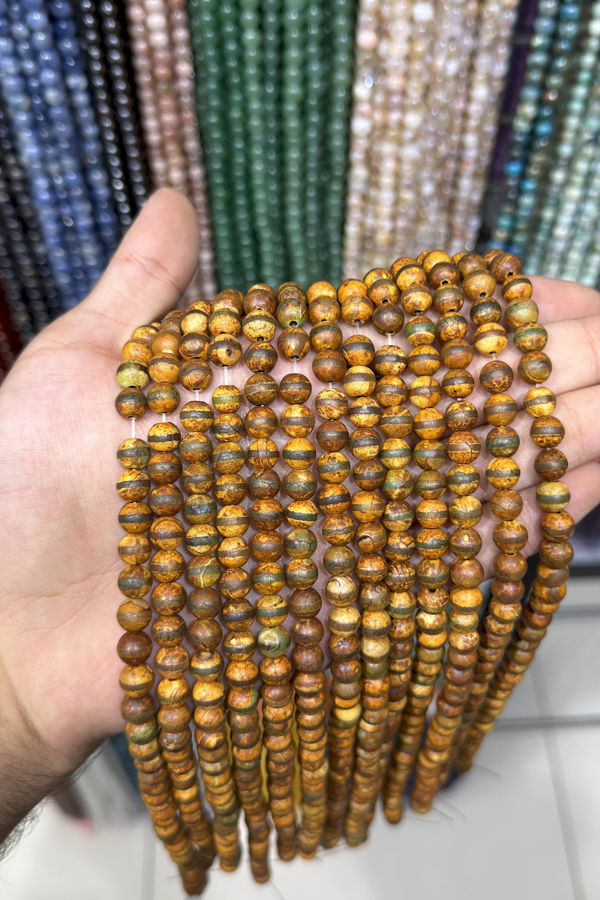 Tibet Akik Doğal Taş Mat Hardal Küre Kesim 8mm Dizi