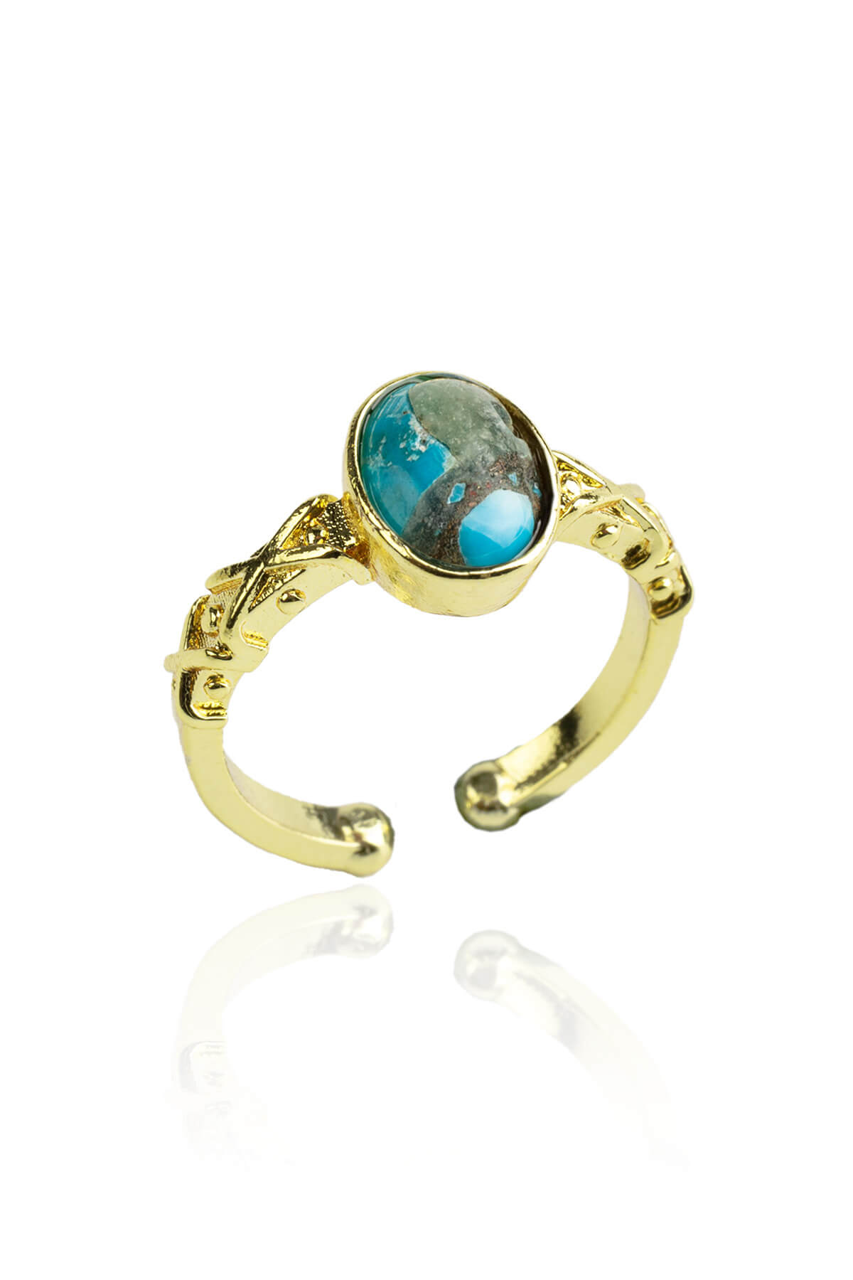 Turkuaz Doğal Taş Bakır Oval Kesim Ayarlanabilir Yüzük