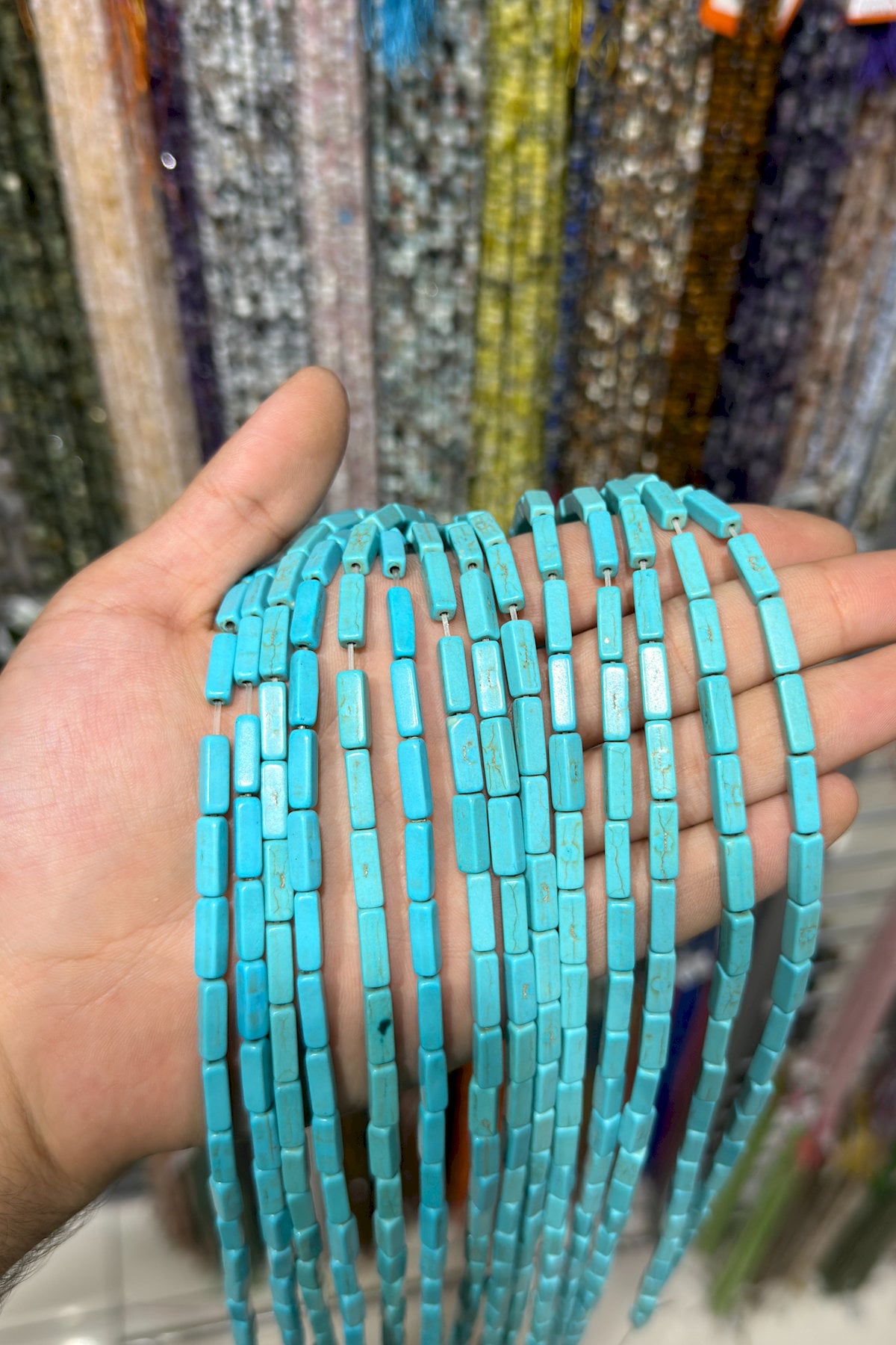 Turquoise Squeezing Natural Stone Rectangular Cut 4x13mm String Of Beads