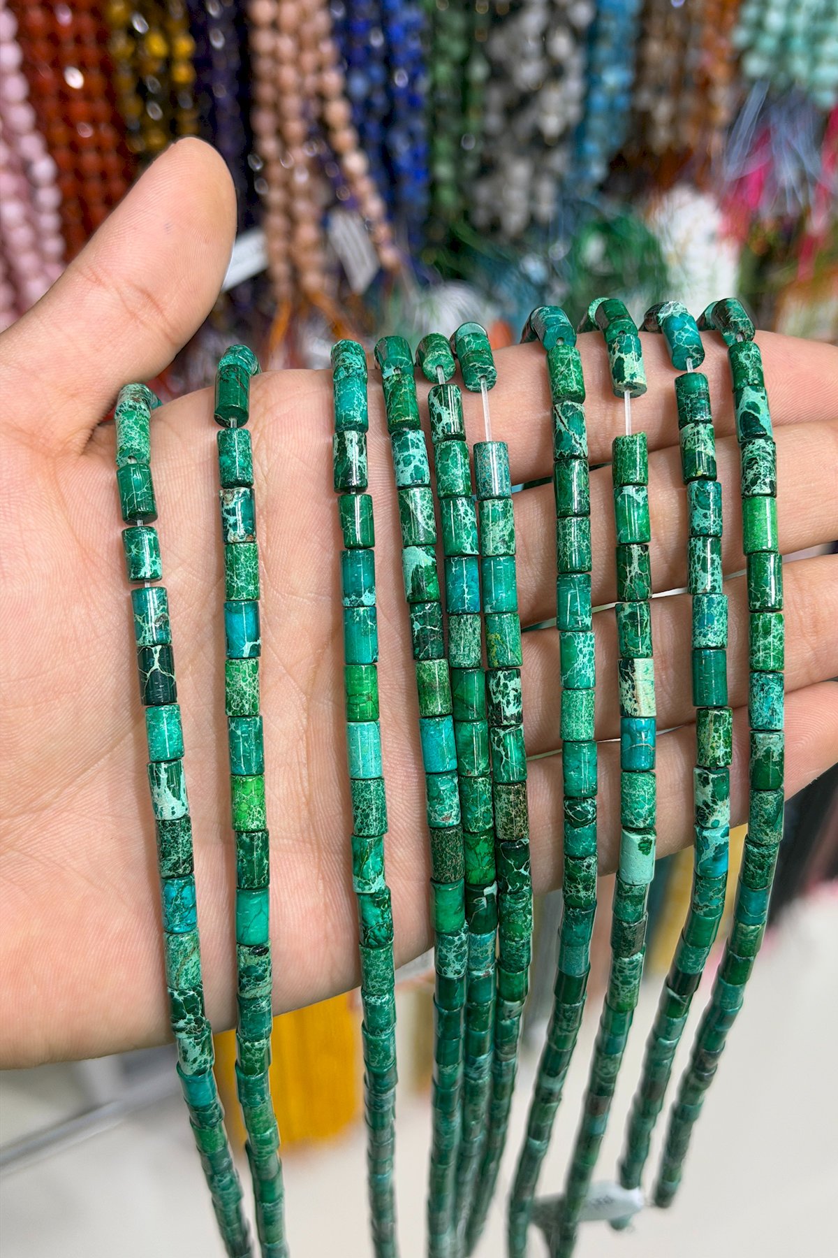Variscite Stone Cylindrical-Cut Dark Green 5x8mm Bead Strand