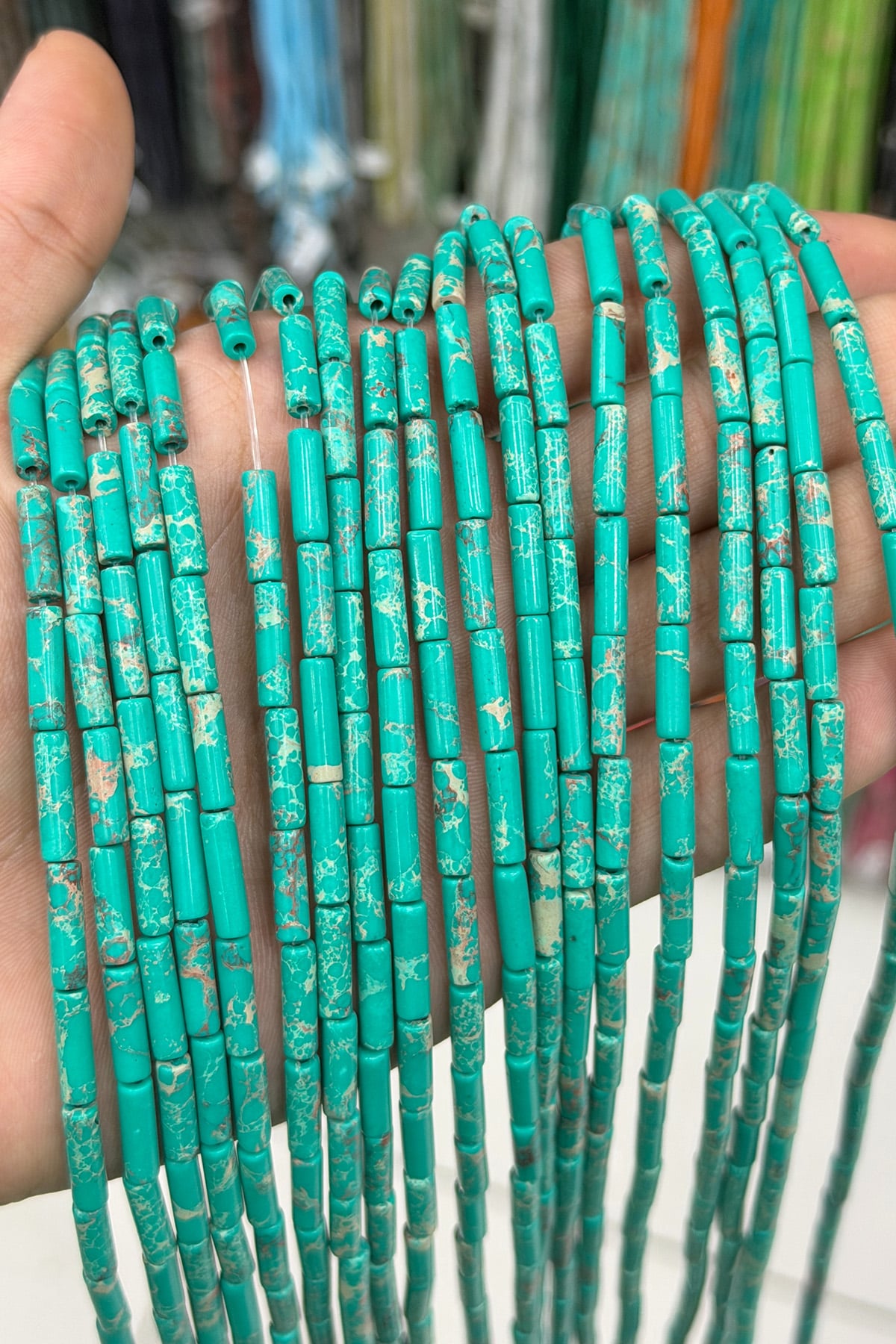 Varisit Natural Stone Shiny Water Green Cylinder Cut 4x13mm String Of Beads