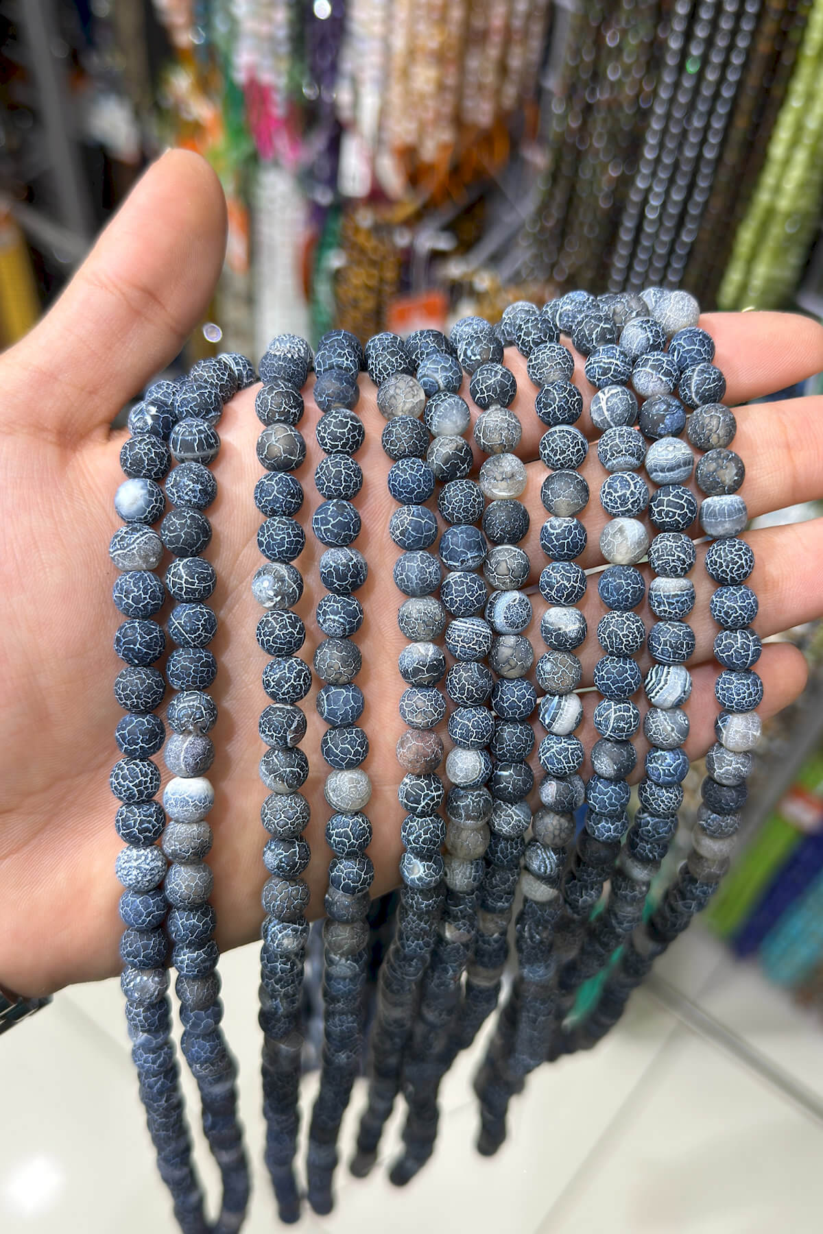 Yengeç Akik Taşı Küre Kesim Mat Siyah 8mm Doğal Taş Dizi [AA]
