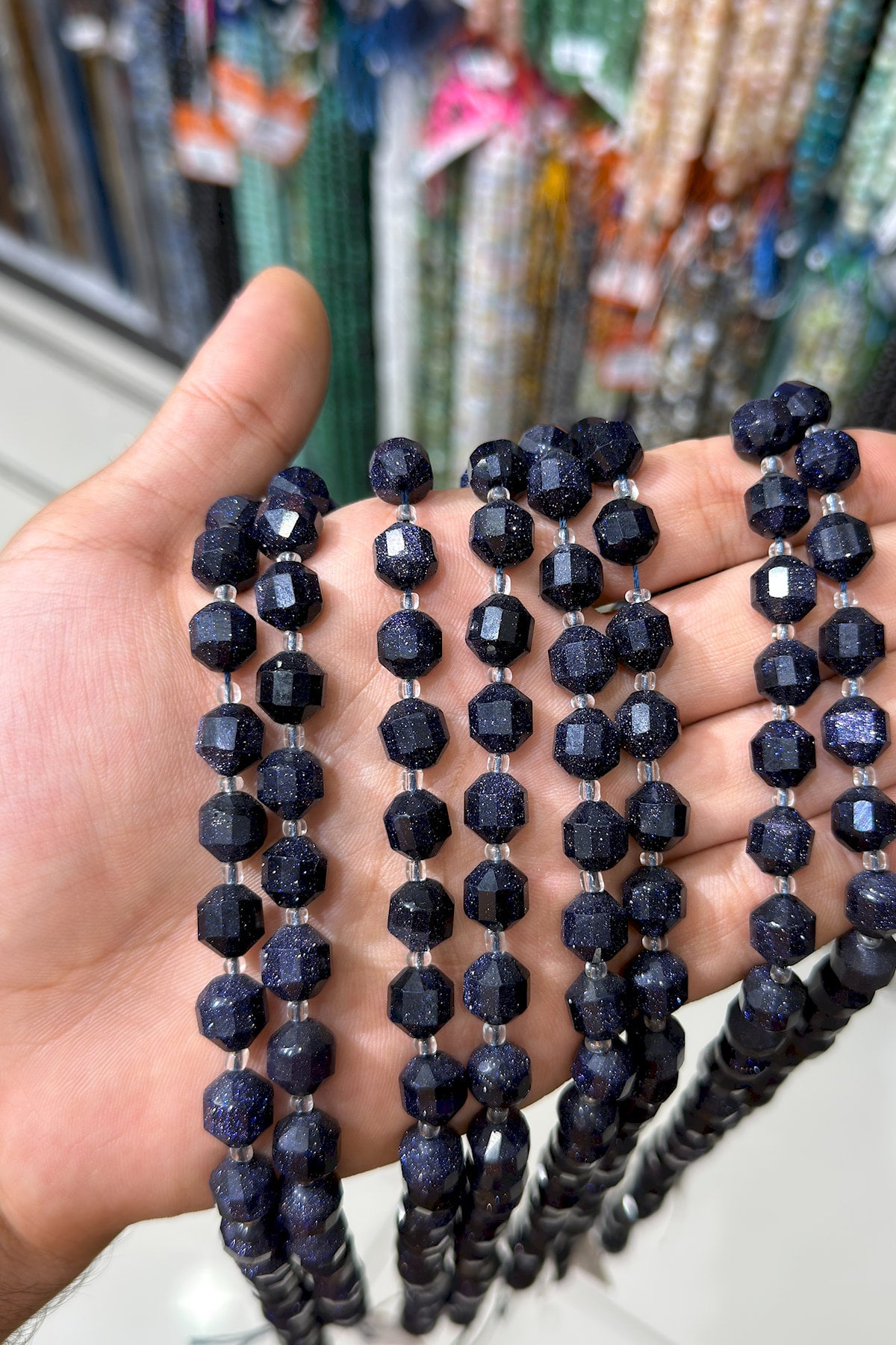 Star Stone Natural Stone Shiny Navy Blue Hexagonal Cut 10mm String Of Beads
