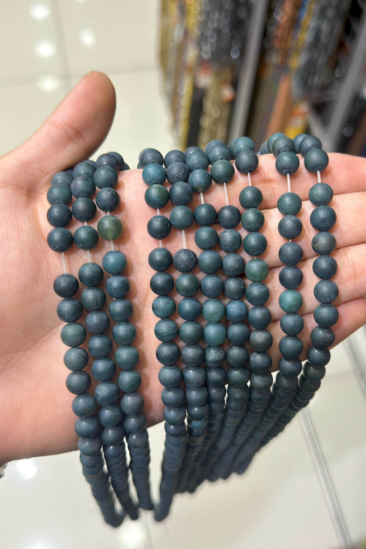 Yosunlu Akik Taşı Küre Kesim Mat Koyu Yeşil 8mm Doğal Taş Dizi [AA]