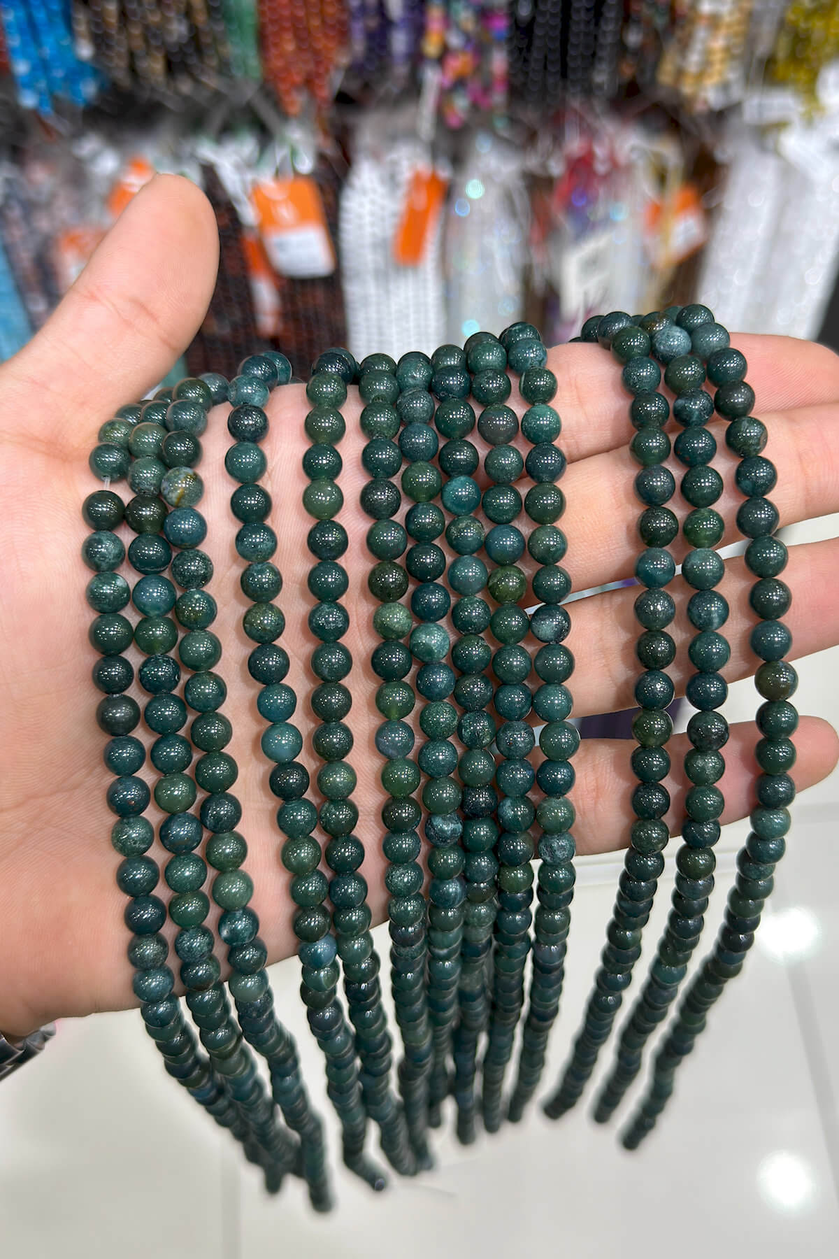 Yosunlu Akik Taşı Küre Kesim Parlak Koyu Yeşil 6mm Doğal Taş Dizi [AA]