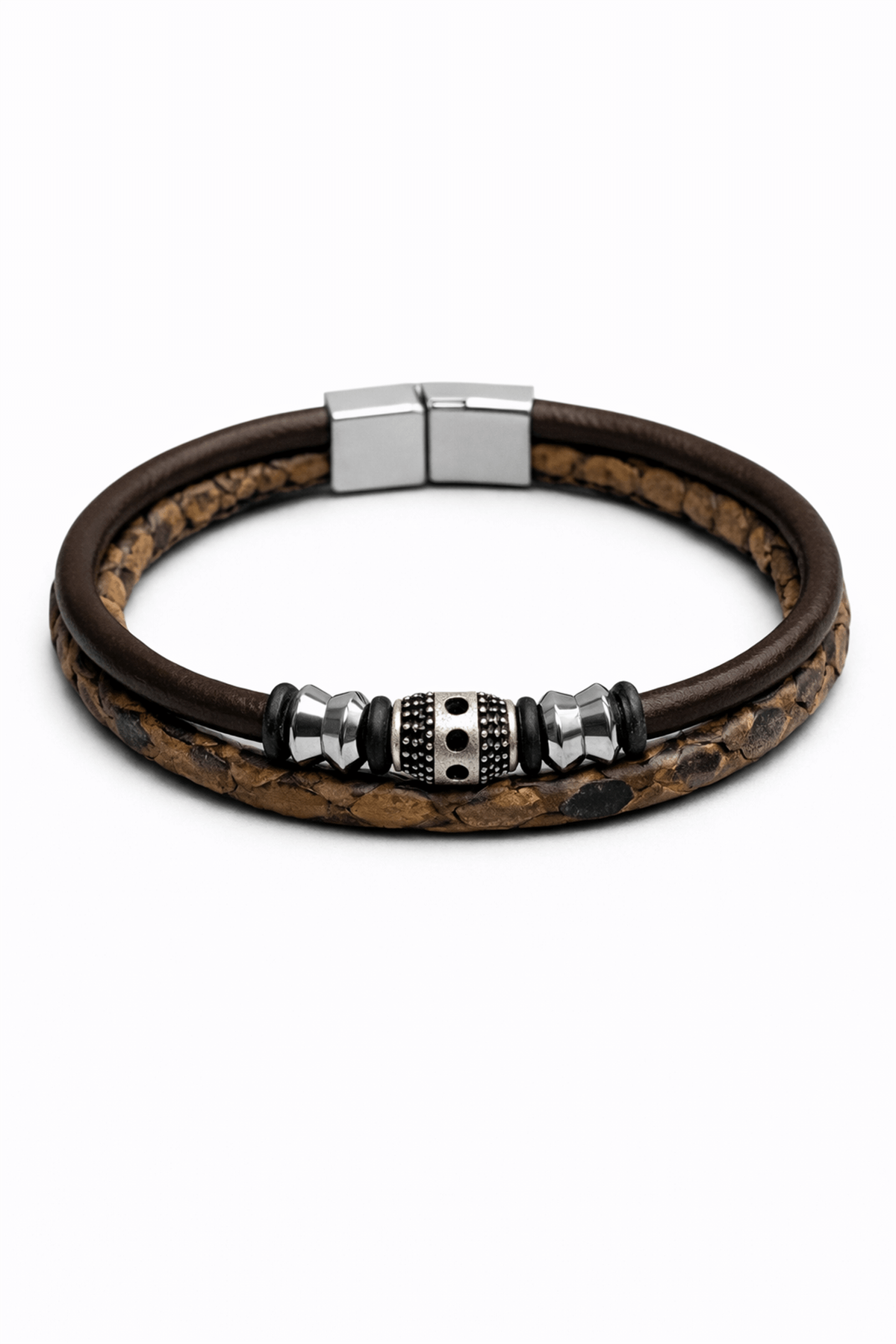 Zirkon Aparatlı İkili Kahverengi Deri Erkek Bilekliği