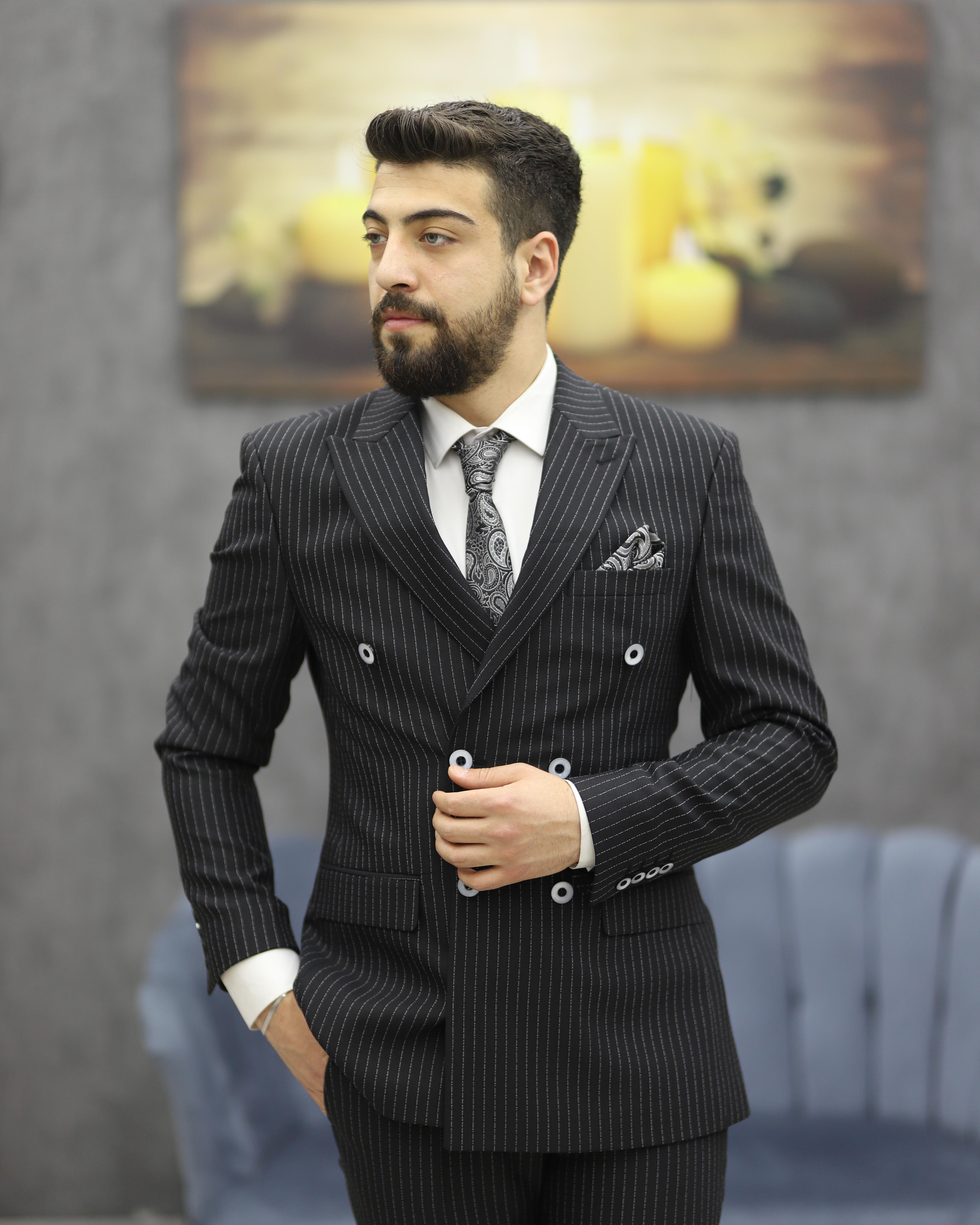 DORMEN 1981 ÇİZGİLİ KRUVAZE TAKIM ELBİSE(SİYAH)