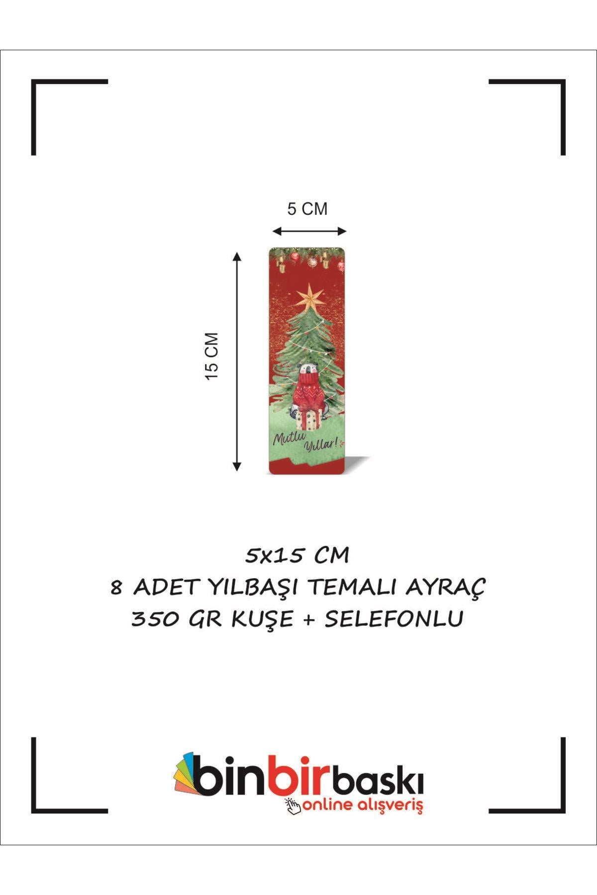 Yılbaşı Temalı Ayraç 5x15 cm 350 gr Kuşe Selefonlu 8 Adet