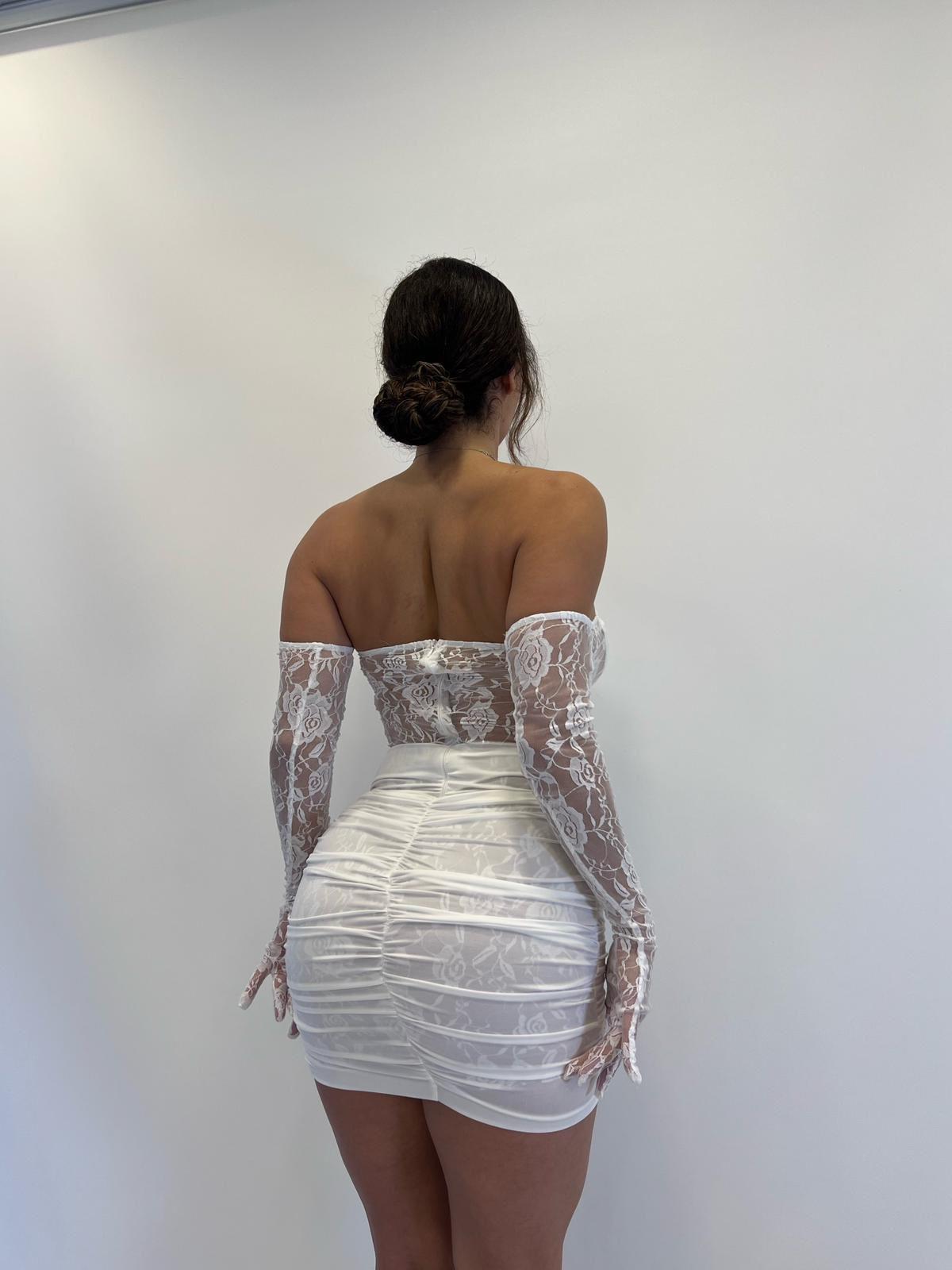 Beyaz Straplez Eldivenli Dantelli Mini Elbise