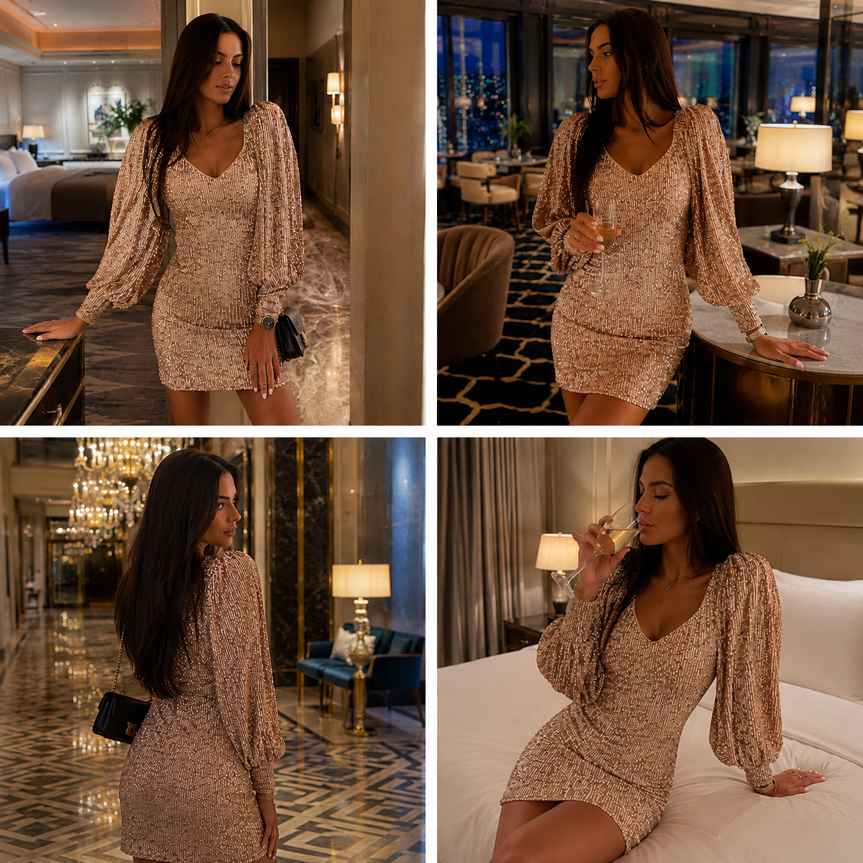 Gold Night Luxe Champagne Mini Elbise