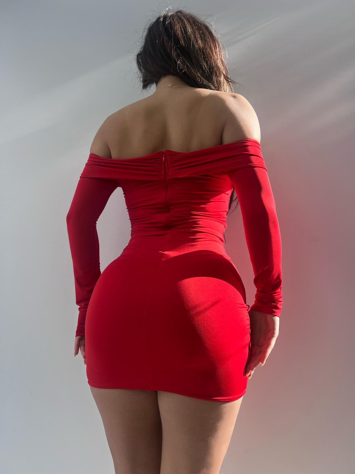 Kırmızı Straplez Tokalı Full Likrali Mini Elbise