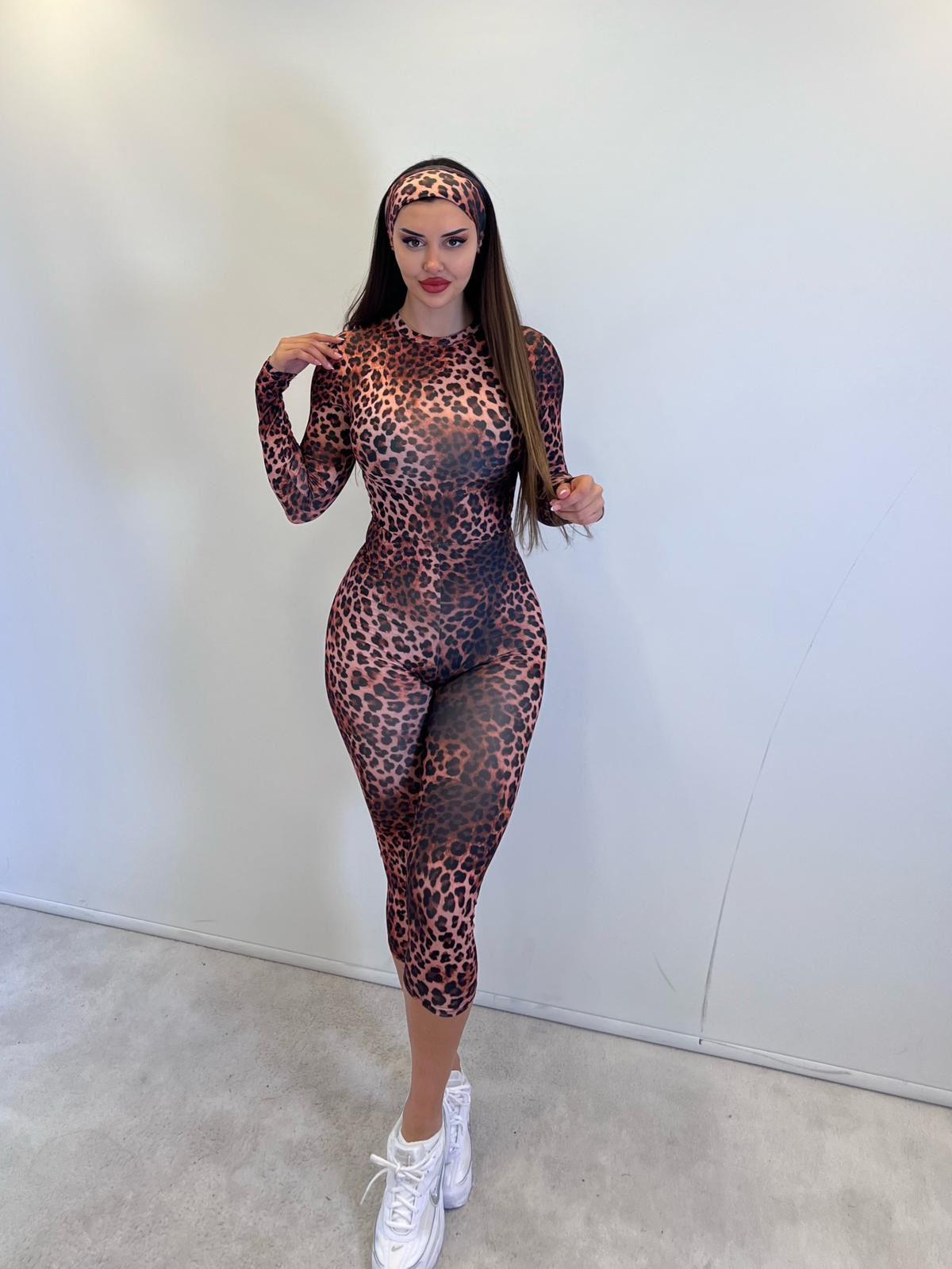 Leopar Bandanalı Midi Şort Tulum