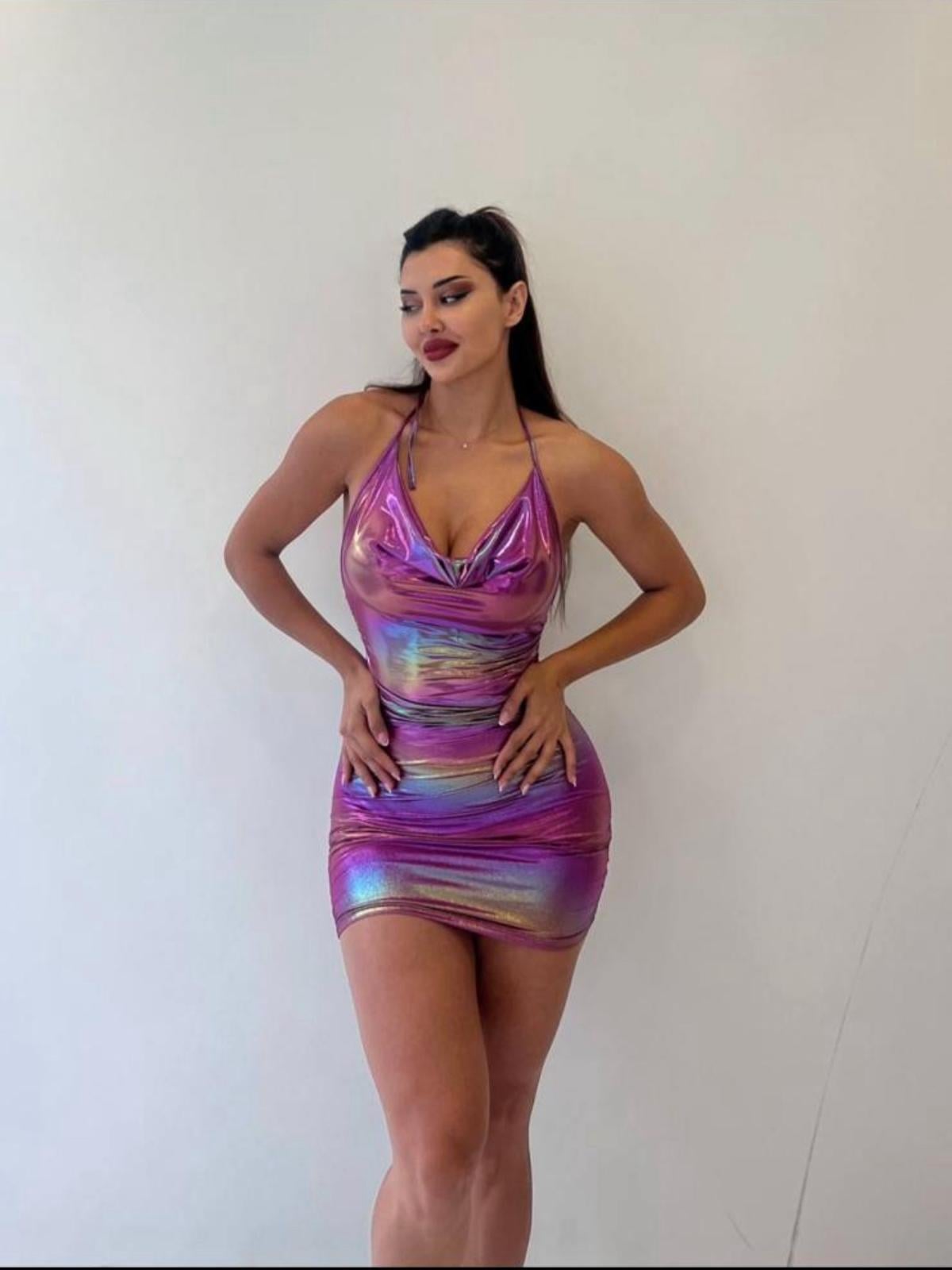 Mor Parlak Kum.Büzg.Sırt Dekolteli Mini Elbise