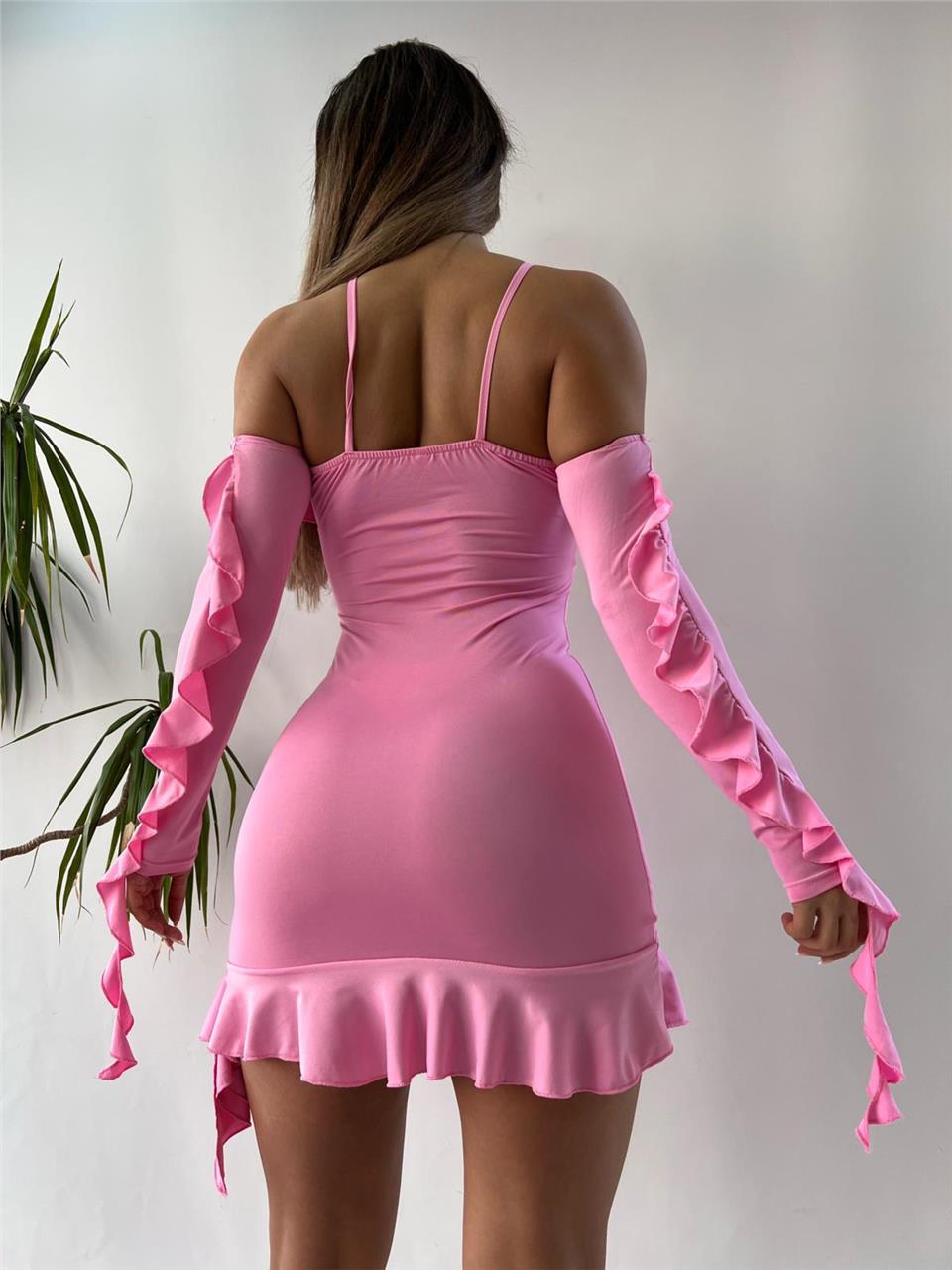 PEMBE  MADONNA YAKA ÇİÇEK FİGÜRLÜ MİNİ ELB