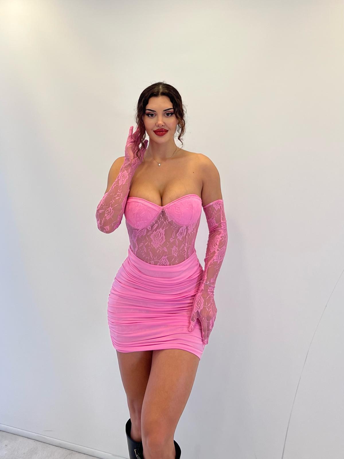 Pembe Straplez Eldivenli Dantelli Mini Elbise