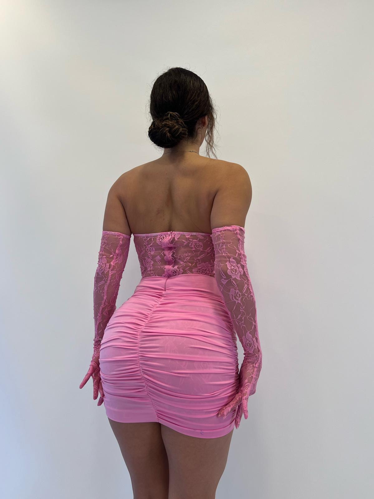 Pembe Straplez Eldivenli Dantelli Mini Elbise