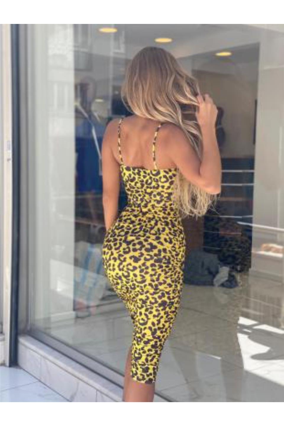 Sarı Leopar Askılı Midi Boy Elbise