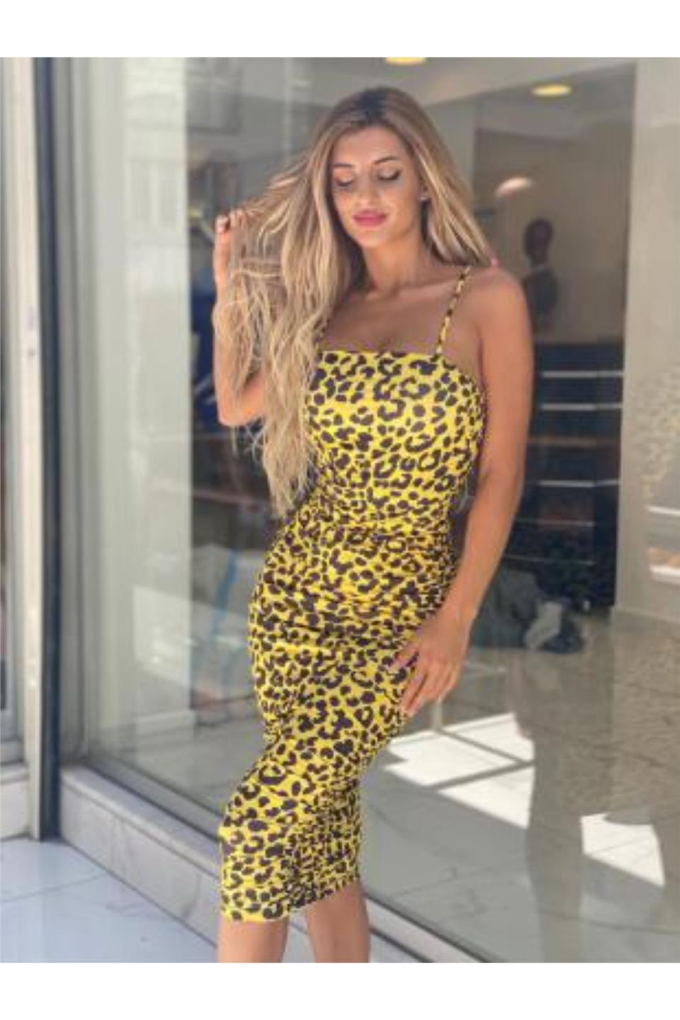 Sarı Leopar Askılı Midi Boy Elbise