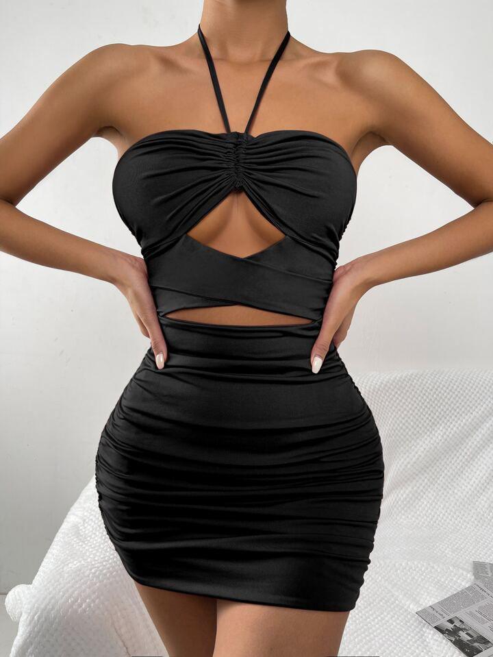 Siyah Çapraz Boyun Askılı Halter Hollow Fold