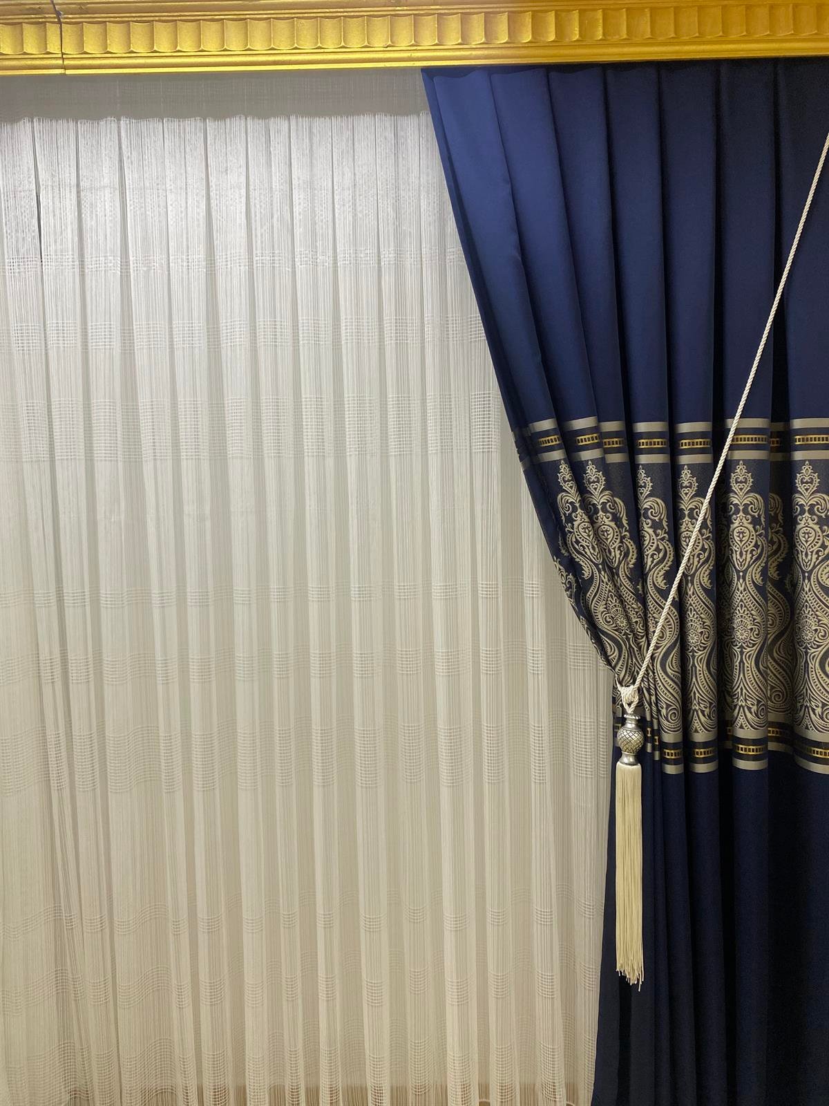 Zincir Dikey Yatay Çizgili 1x3 Sık Pile Tül Perde- Ekru