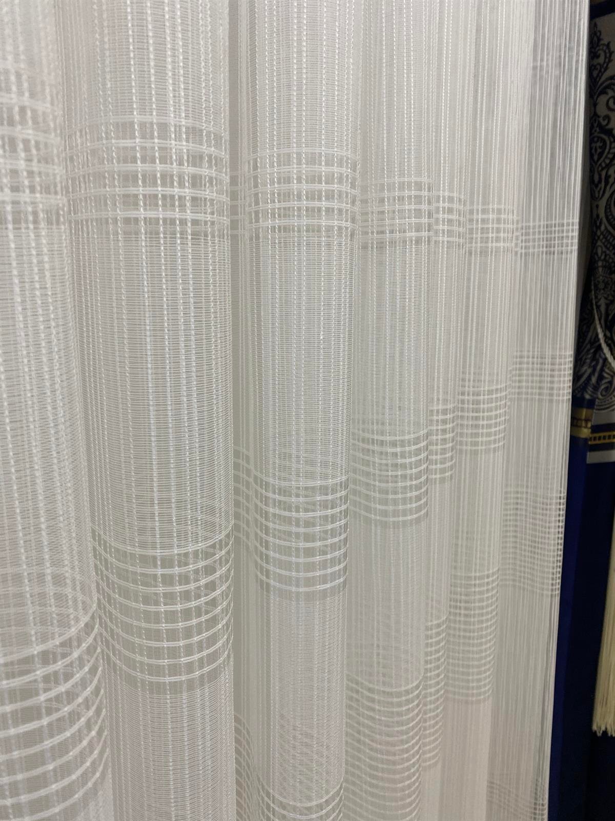 Zincir Dikey Yatay Çizgili 1x3 Sık Pile Tül Perde- Ekru