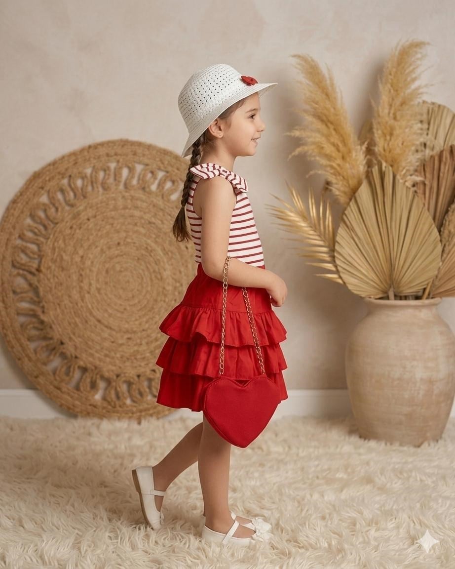 Şapka ve Çanta Hediyeli Kırmızı Çizgili Crop ve Kırmızı Tasarım Etek Takım